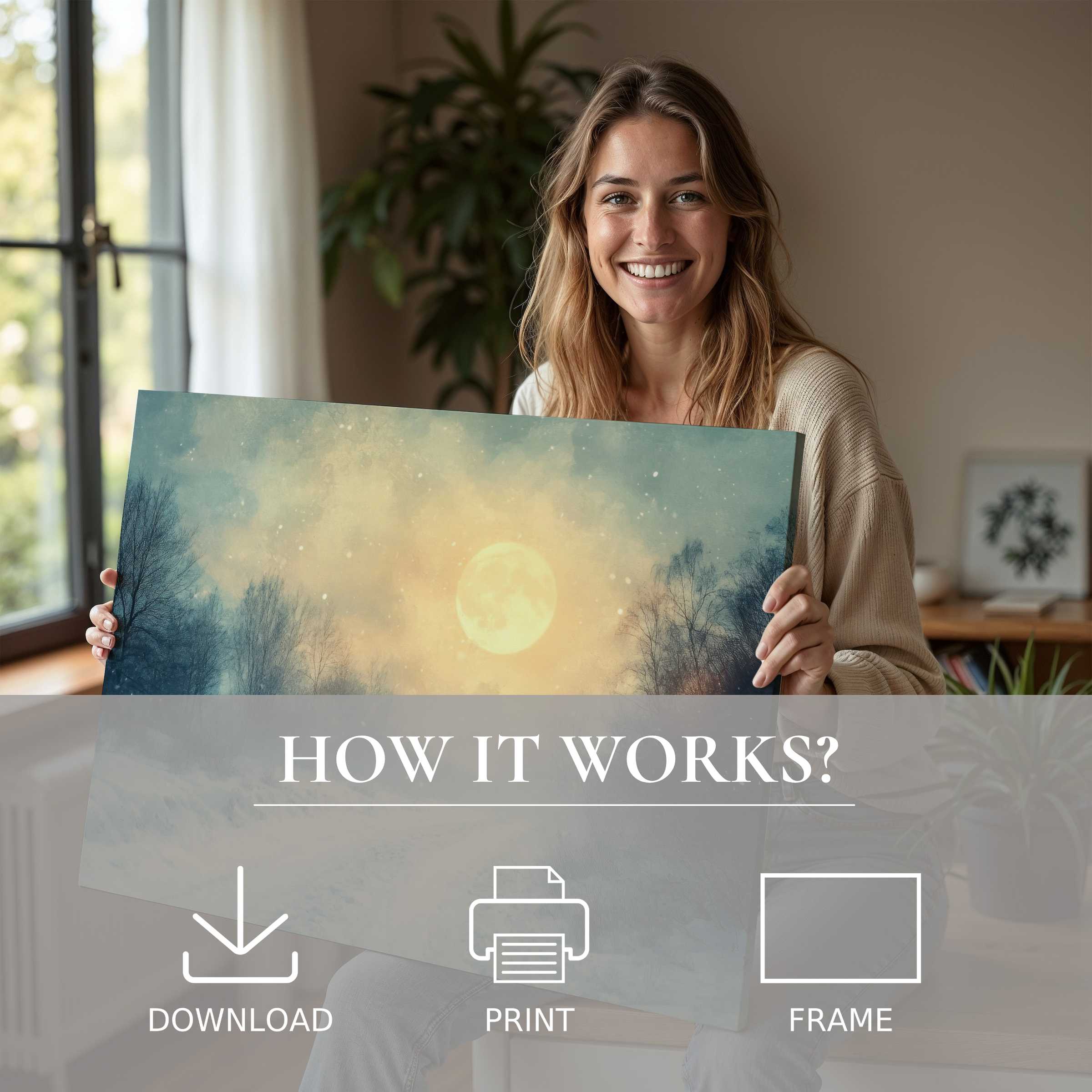 A woman radiates joy in her stylish living space, embracing a winter digital art print that brings warmth and calm