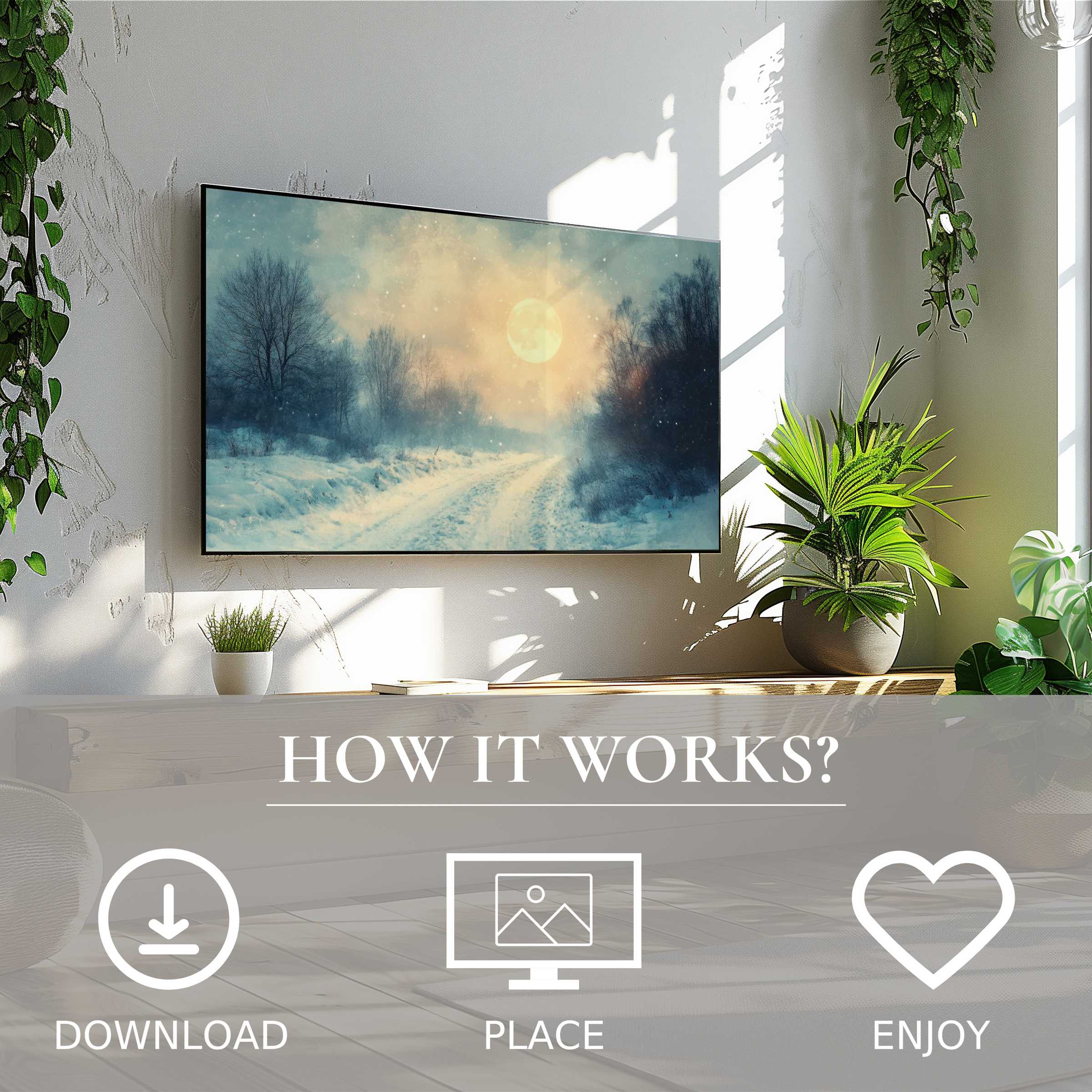 Winter art for Samsung TV shows soft sunset tones over a snowy path, easy digital download enhances modern living spaces
