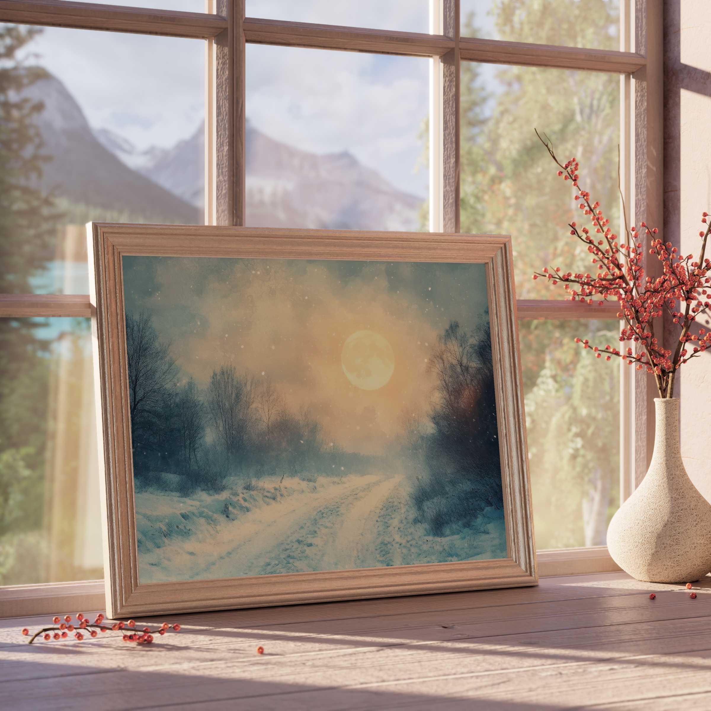 Ethereal winter downloadable art capturing a serene snowy path under a glowing full moon, perfect for curated calm interiors