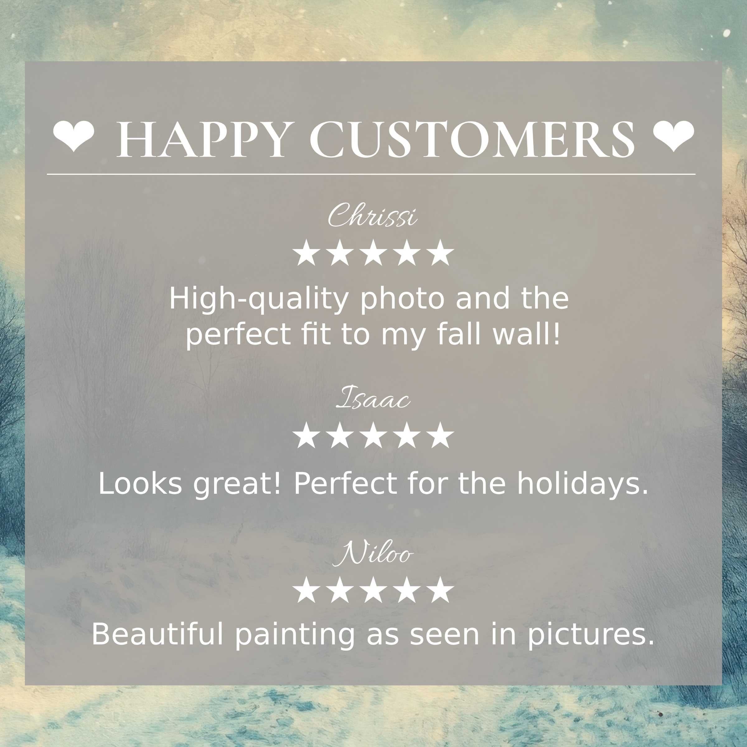 Winter art for Frame TV with serene forest backdrop, showcasing happy customer reviews for an elegant, trusted aesthetic