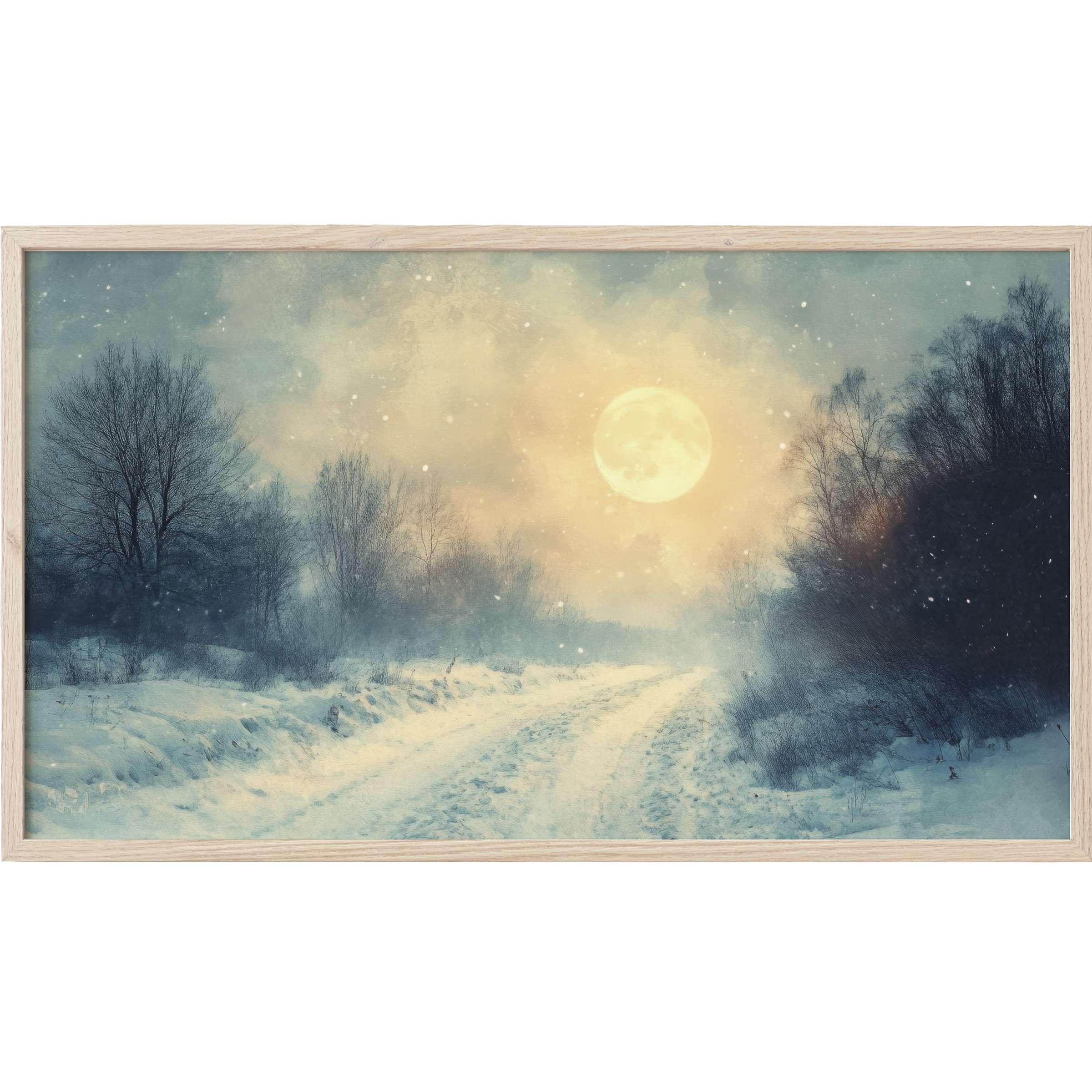 Winter landscape with full moon and snowy path in muted blues and creams, elegant winter Frame TV Art