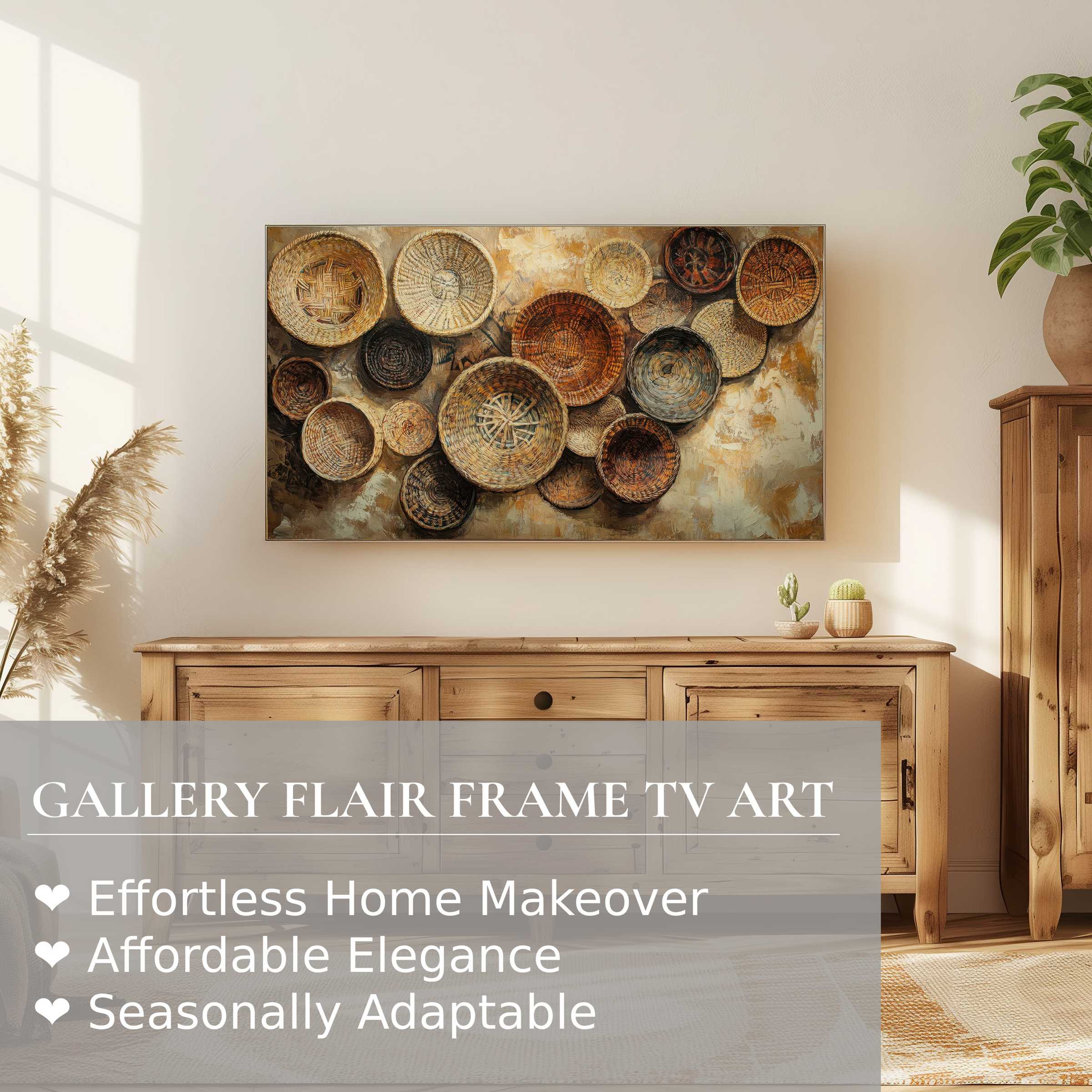 Samsung Frame TV displaying warm, earthy boho digital artwork with woven baskets in a serene, modern living space