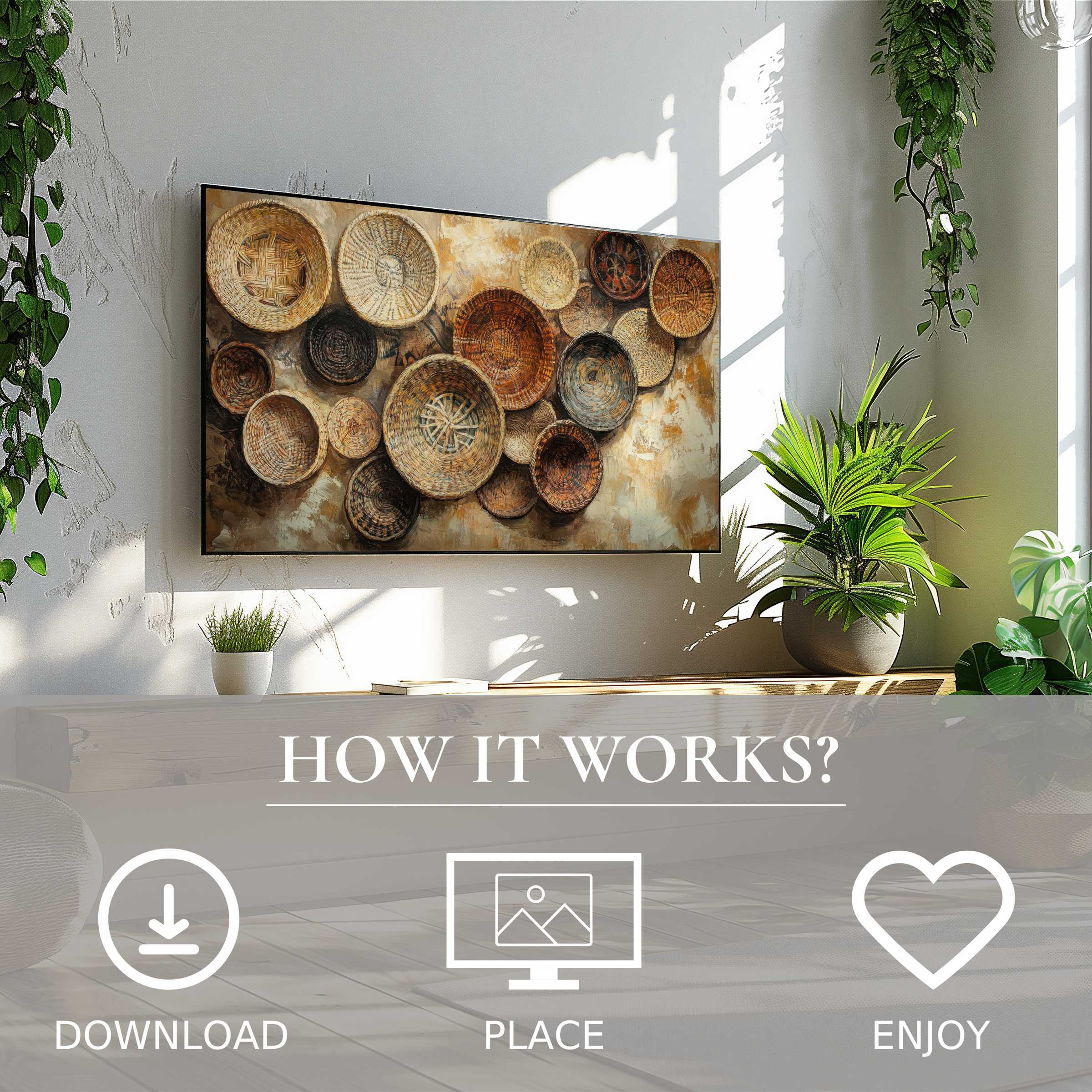 Boho art for Samsung TV: earthy woven basket motif in warm tones, easy digital download enriches modern living spaces