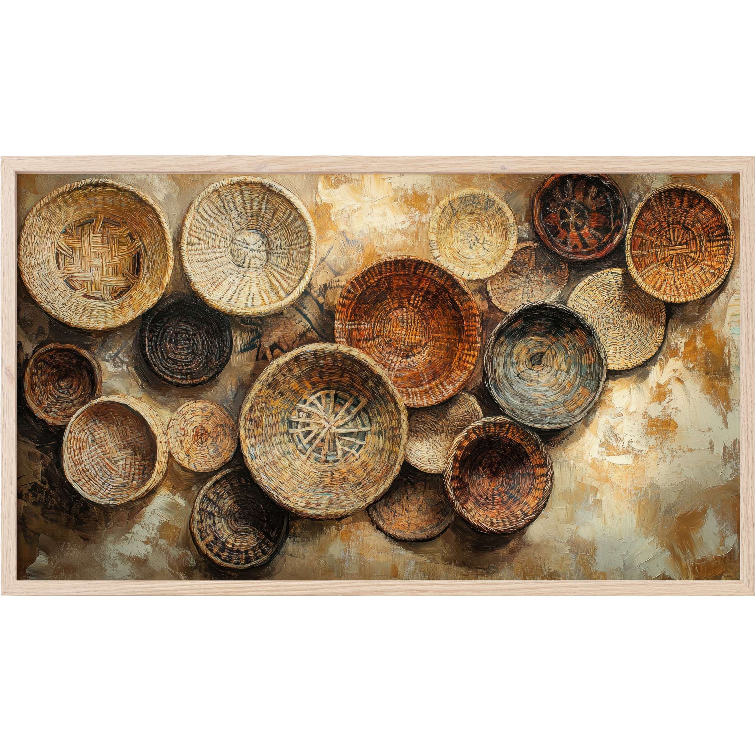 Boho Frame TV Art featuring textured woven baskets in warm earth tones with a rustic, layered, natural style