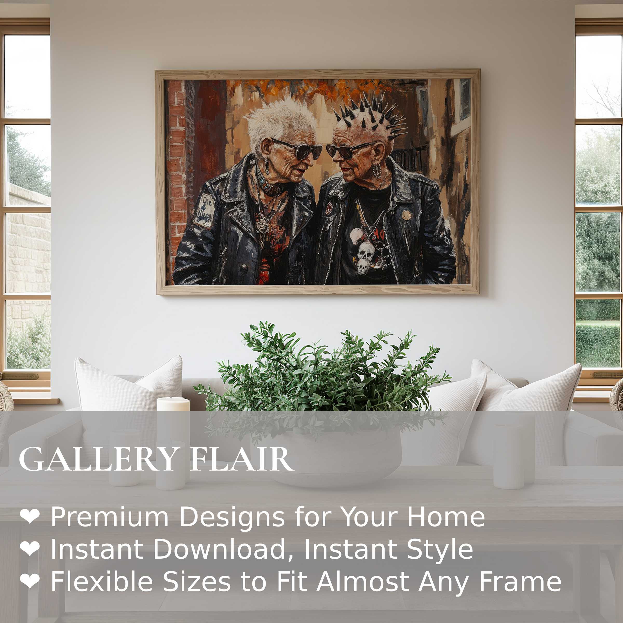 Bold street art wall art print featuring rebellious senior punks, radiating raw energy and urban edge, elevating modern minimalist interiors