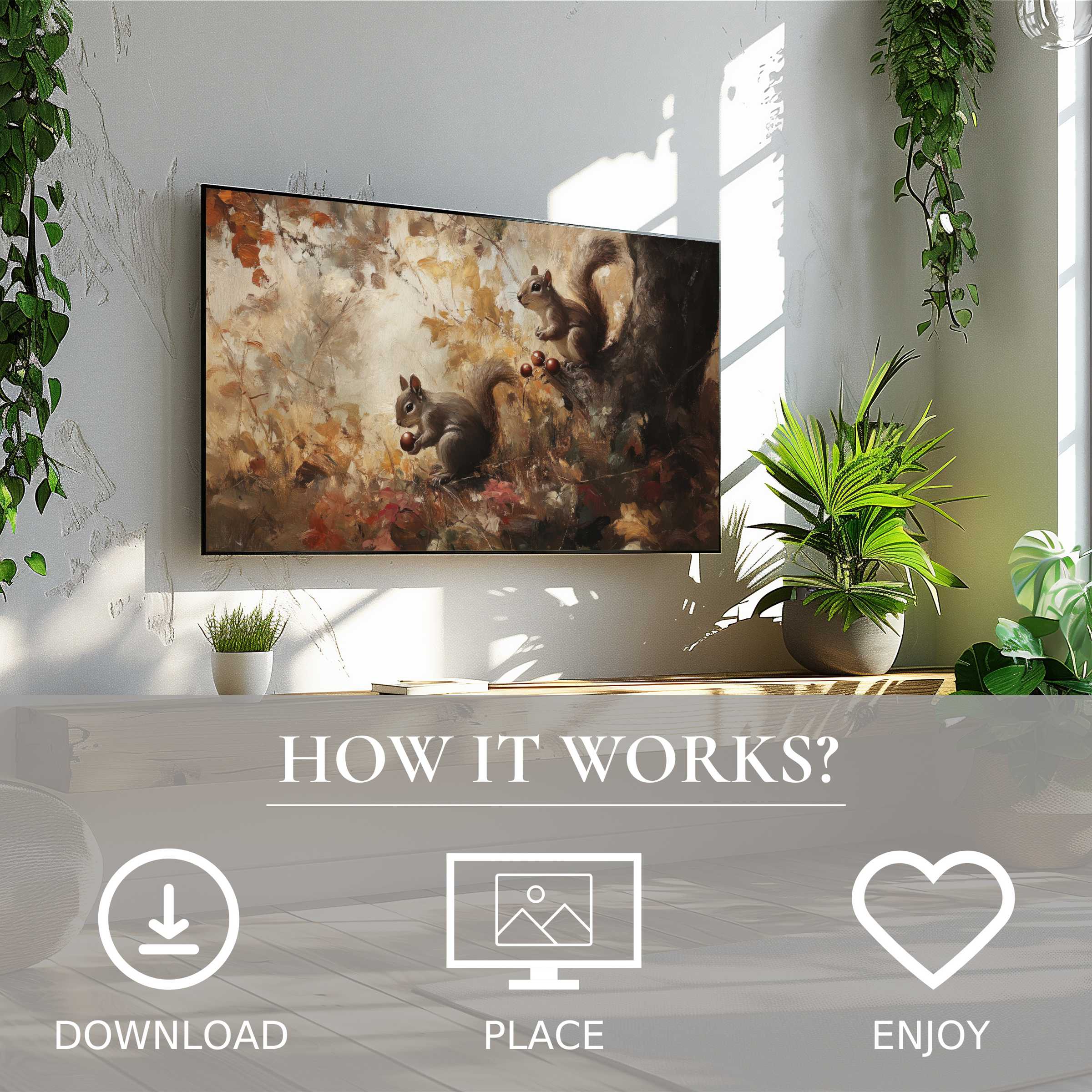 Fall art for Samsung TV shows warm squirrel scene; easy digital download enriches modern living spaces with natural charm