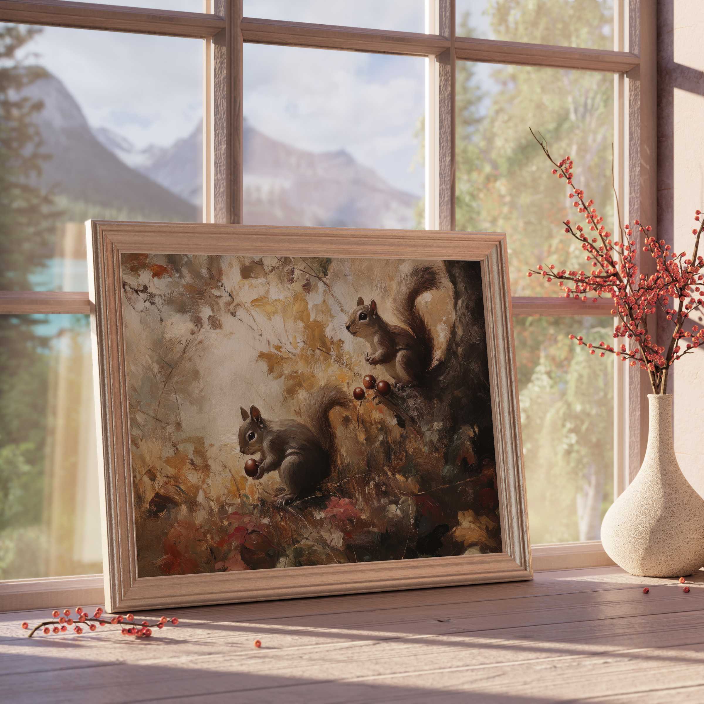 Fall downloadable art capturing cozy woodland charm with squirrels and autumn hues, perfect for curated, tranquil interiors