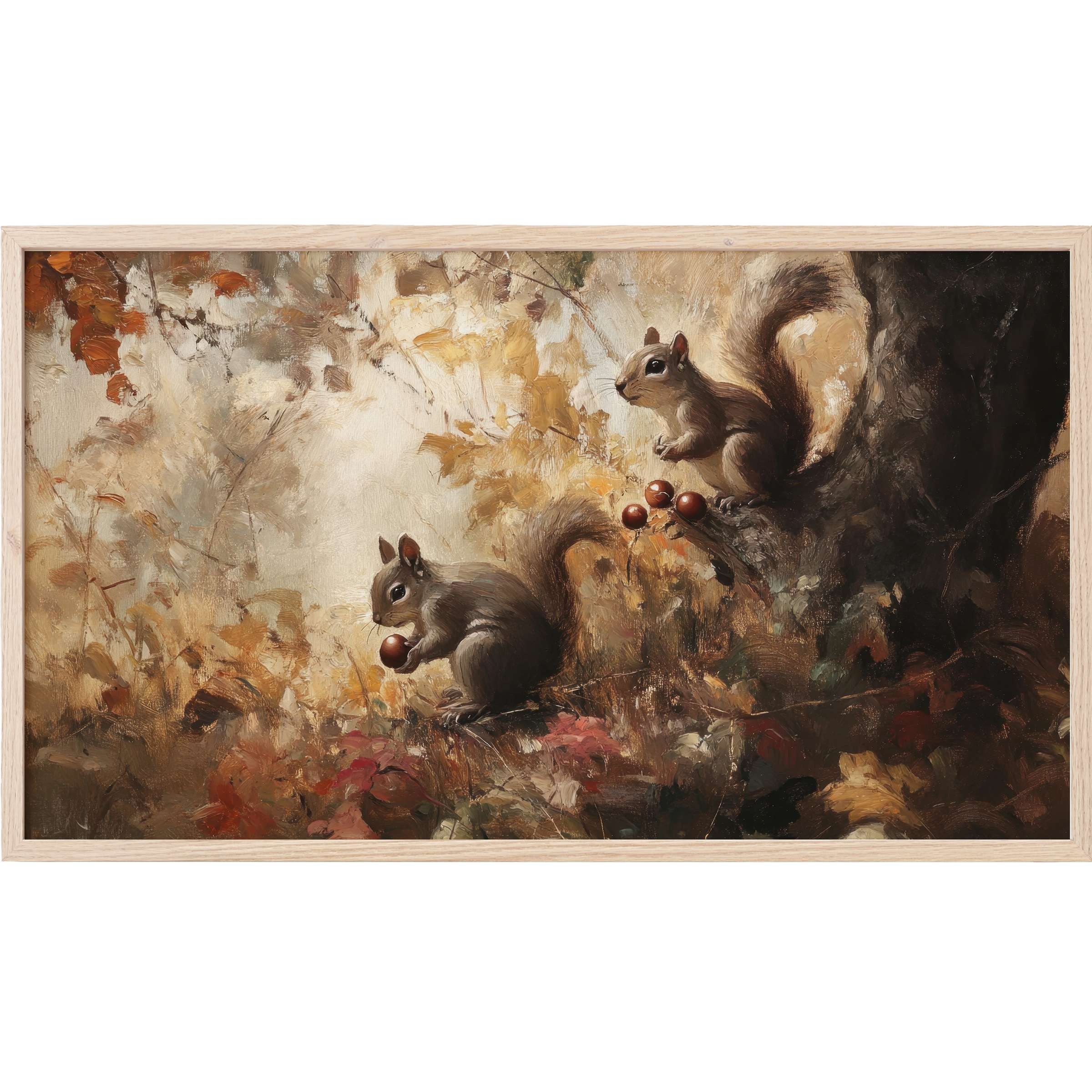 Fall Frame TV Art depicts two squirrels in warm autumn hues with textured brushstrokes and rich, earthy tones