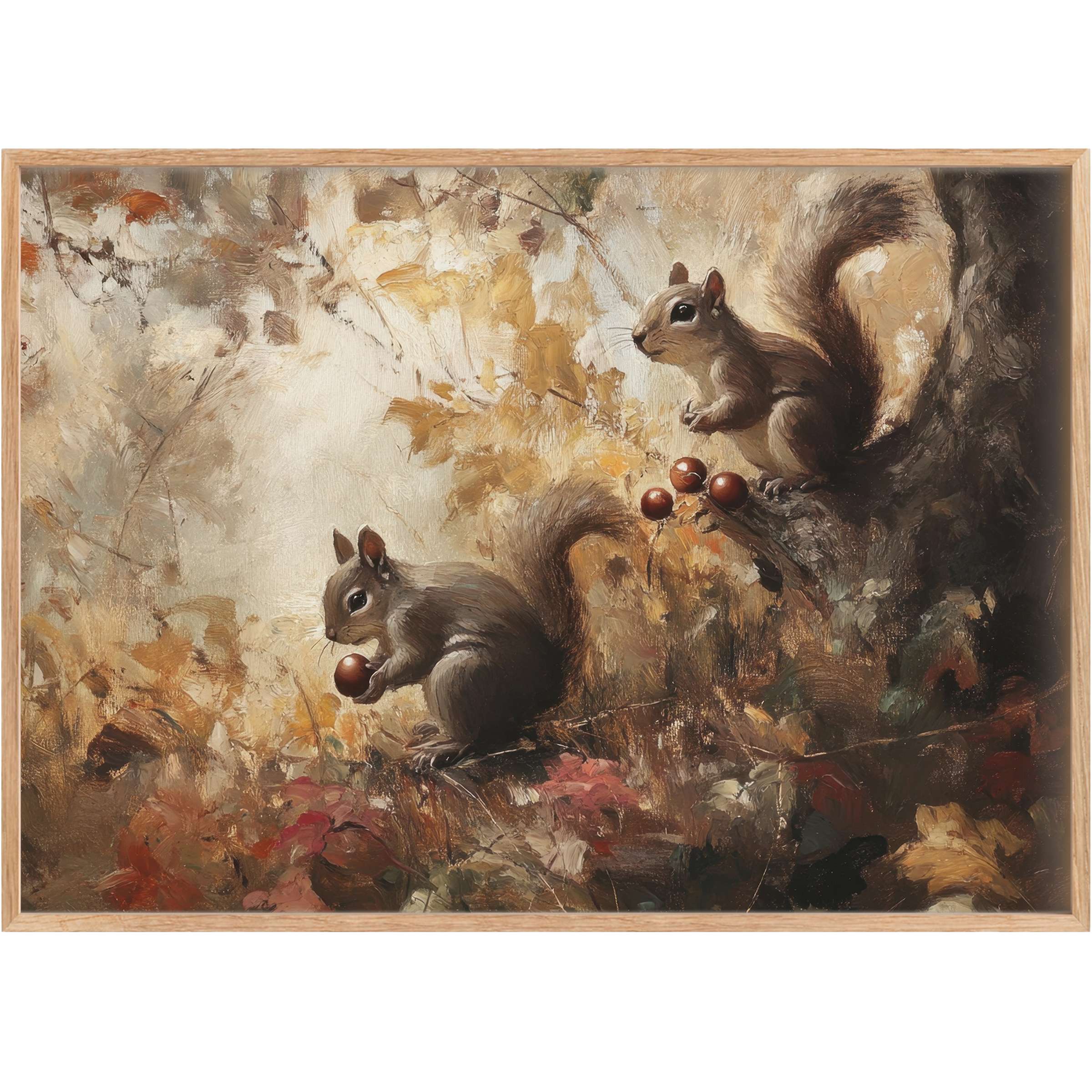 Fall printable wall art featuring playful squirrels in warm amber and soft taupe tones, evoking a cozy, serene autumnal charm