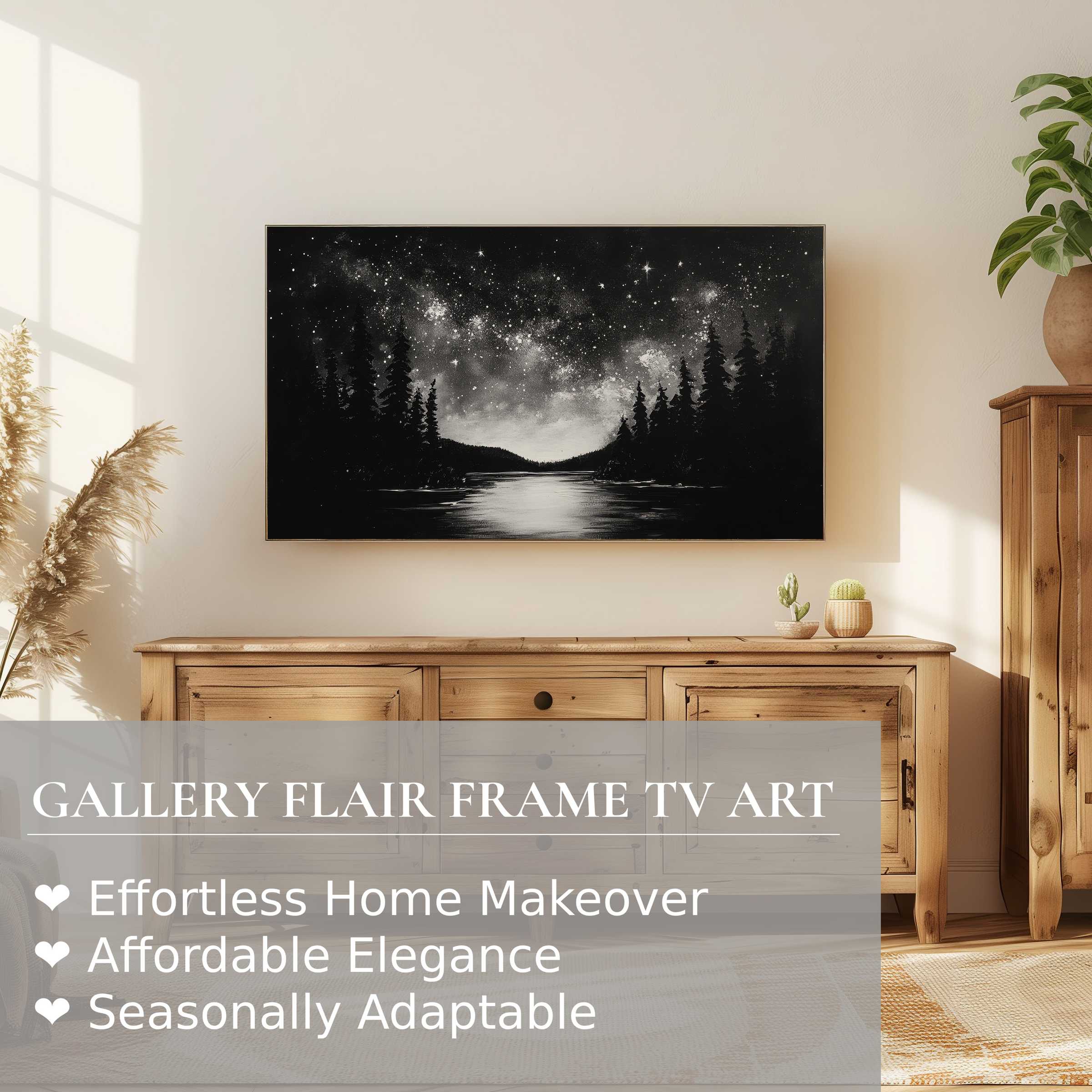 Samsung Frame TV displaying black and white digital artwork of a serene starry night over water