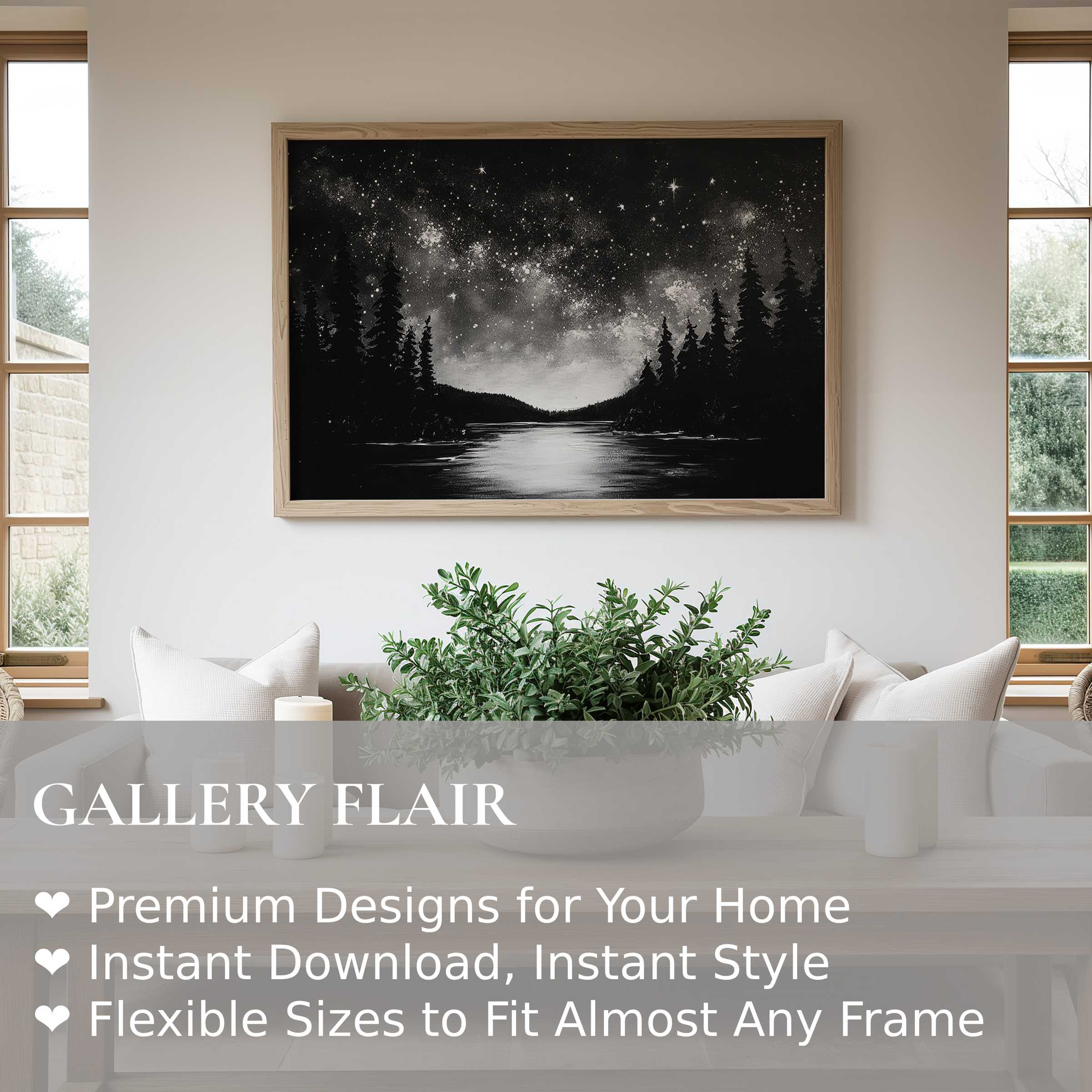 Black and white wall art print capturing a serene starry night over a reflective lake, enhancing modern minimalist interiors with calming elegance
