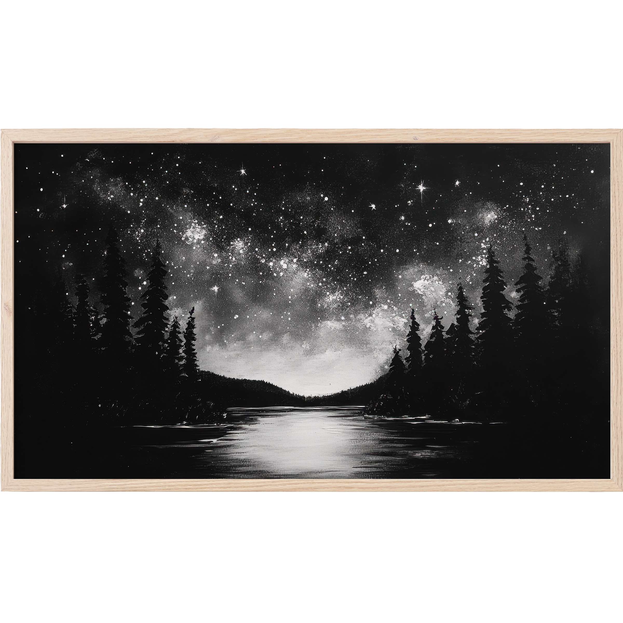 Elegant black and white Frame TV Art of a starry night sky over a tranquil lake surrounded by silhouetted trees