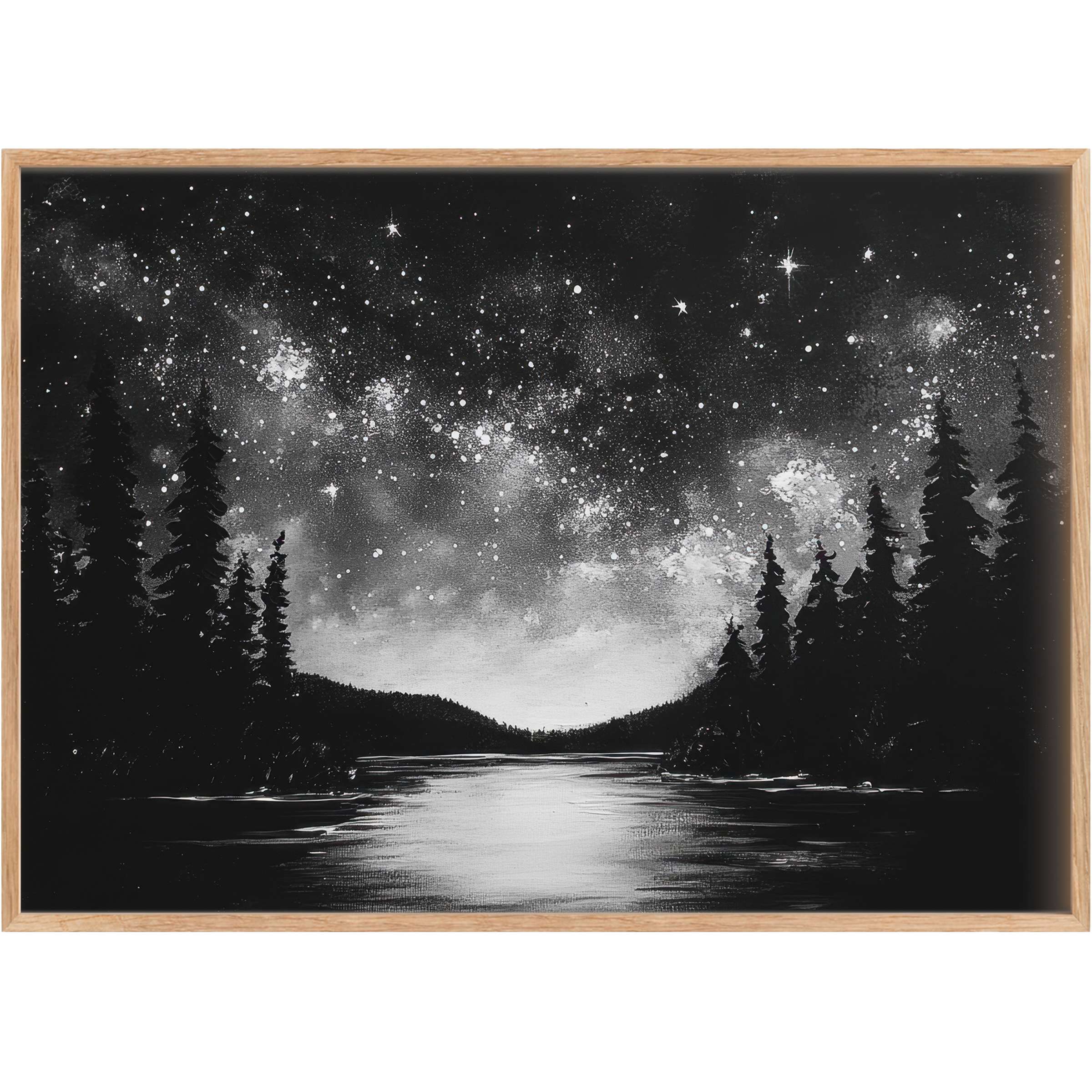 Black and white printable wall art capturing a serene starlit sky over tranquil waters, evoking calm and timeless elegance