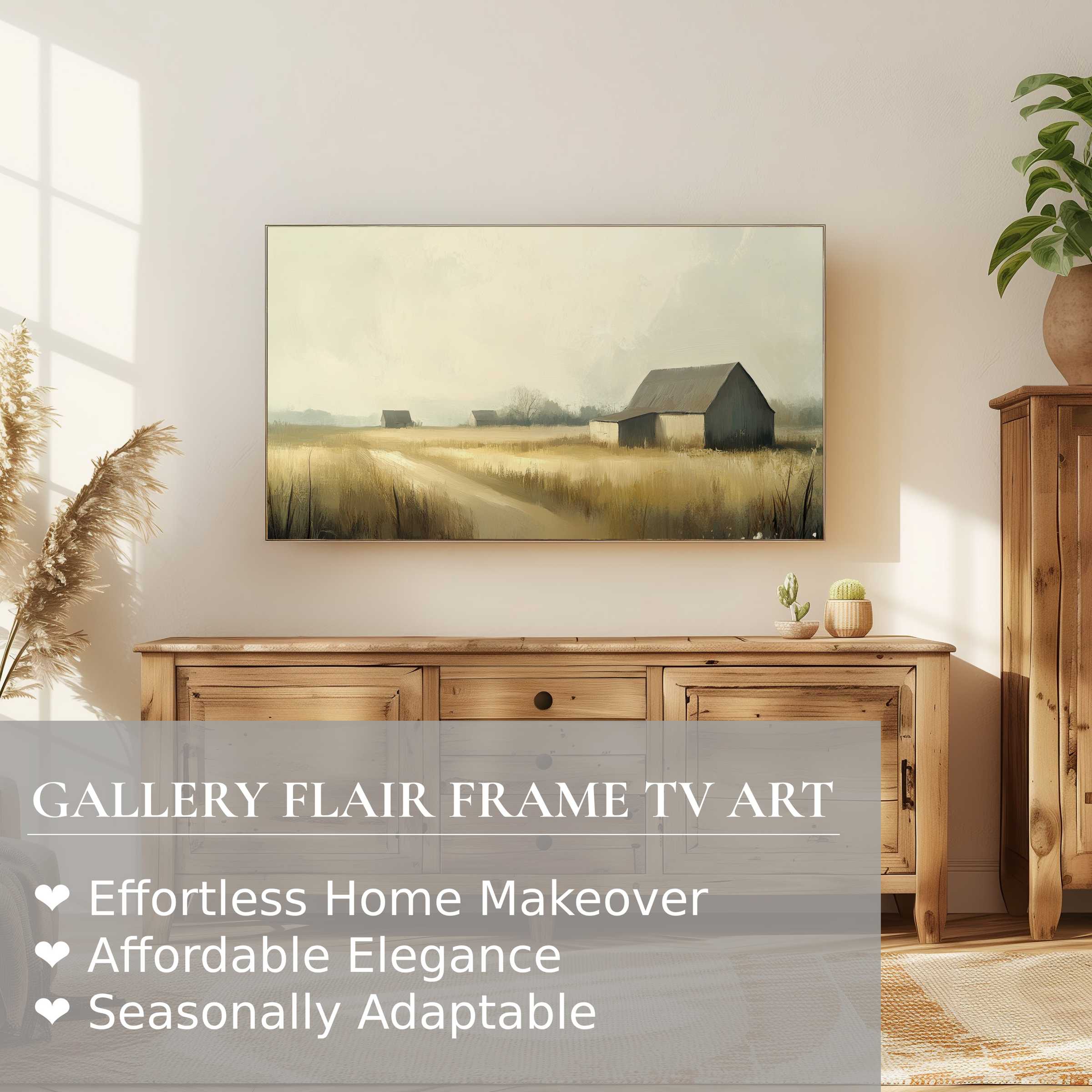 Minimalist Samsung Frame TV displaying soft, muted landscape digital artwork in a serene, rustic setting
