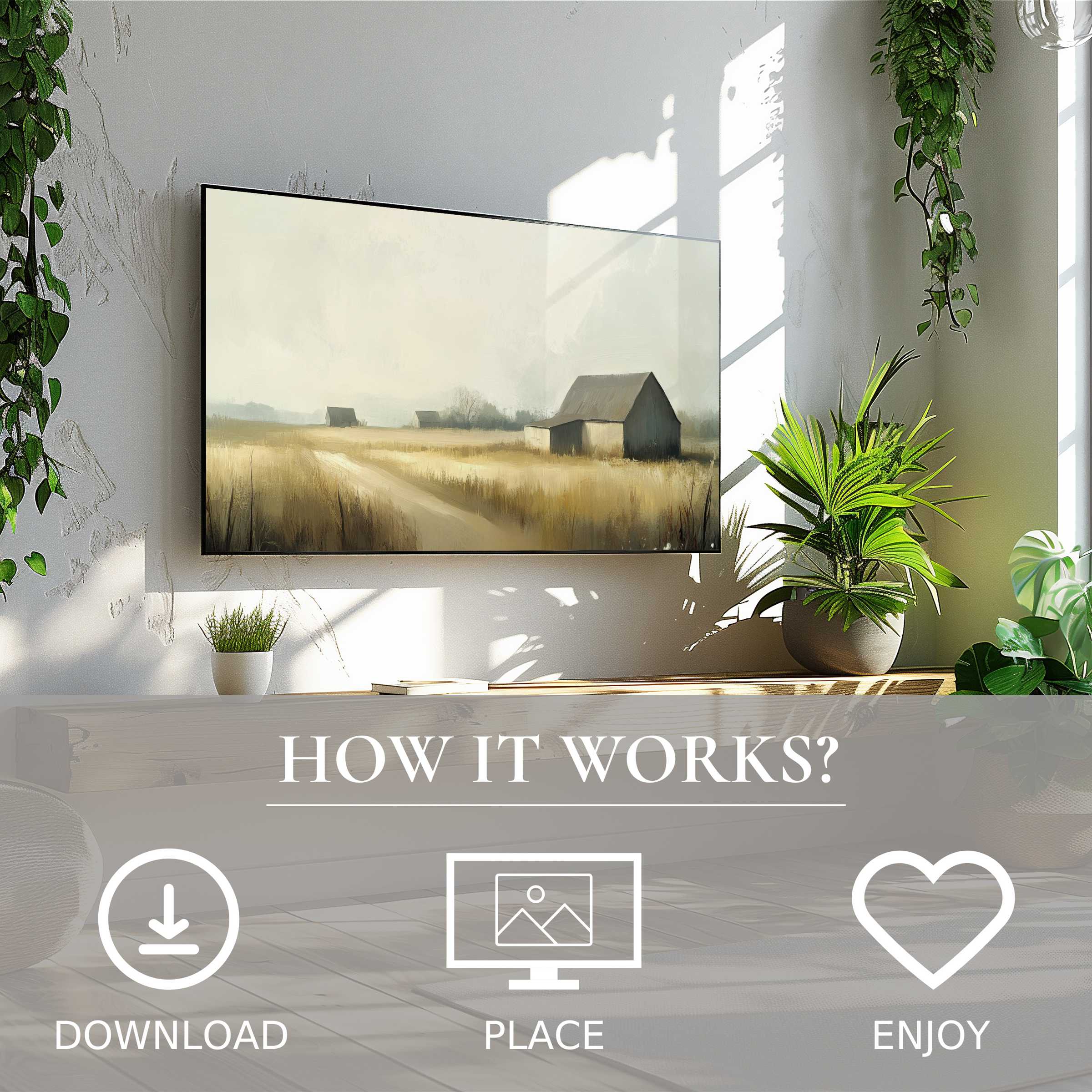 Modern living room with landscape art for Samsung TV showing soft sunset tones; easy digital download enriches space