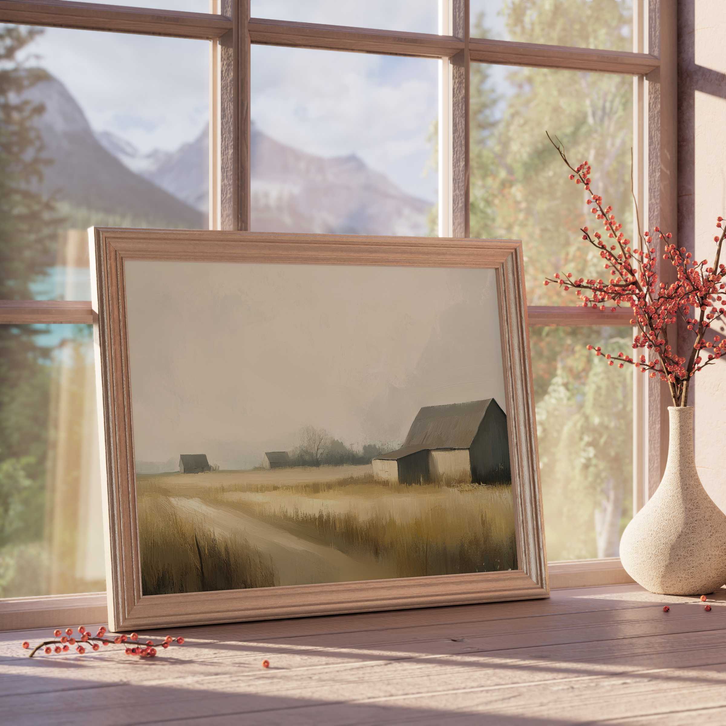 Tranquil landscape downloadable art in muted tones, enhancing serene, curated interiors with warm natural light and rustic charm