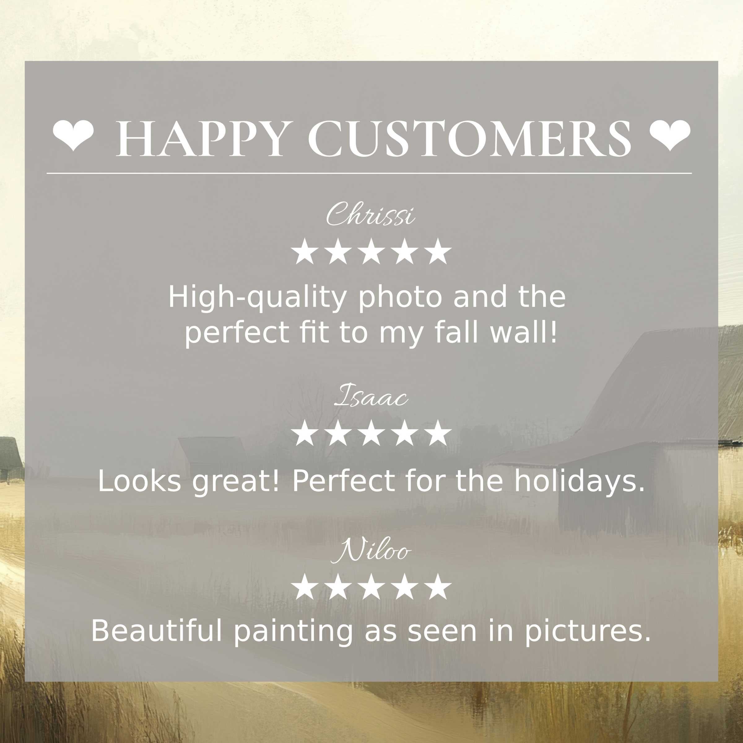 Landscape art for Frame TV with serene rural tones, showcasing happy customer reviews that inspire trust and elegance