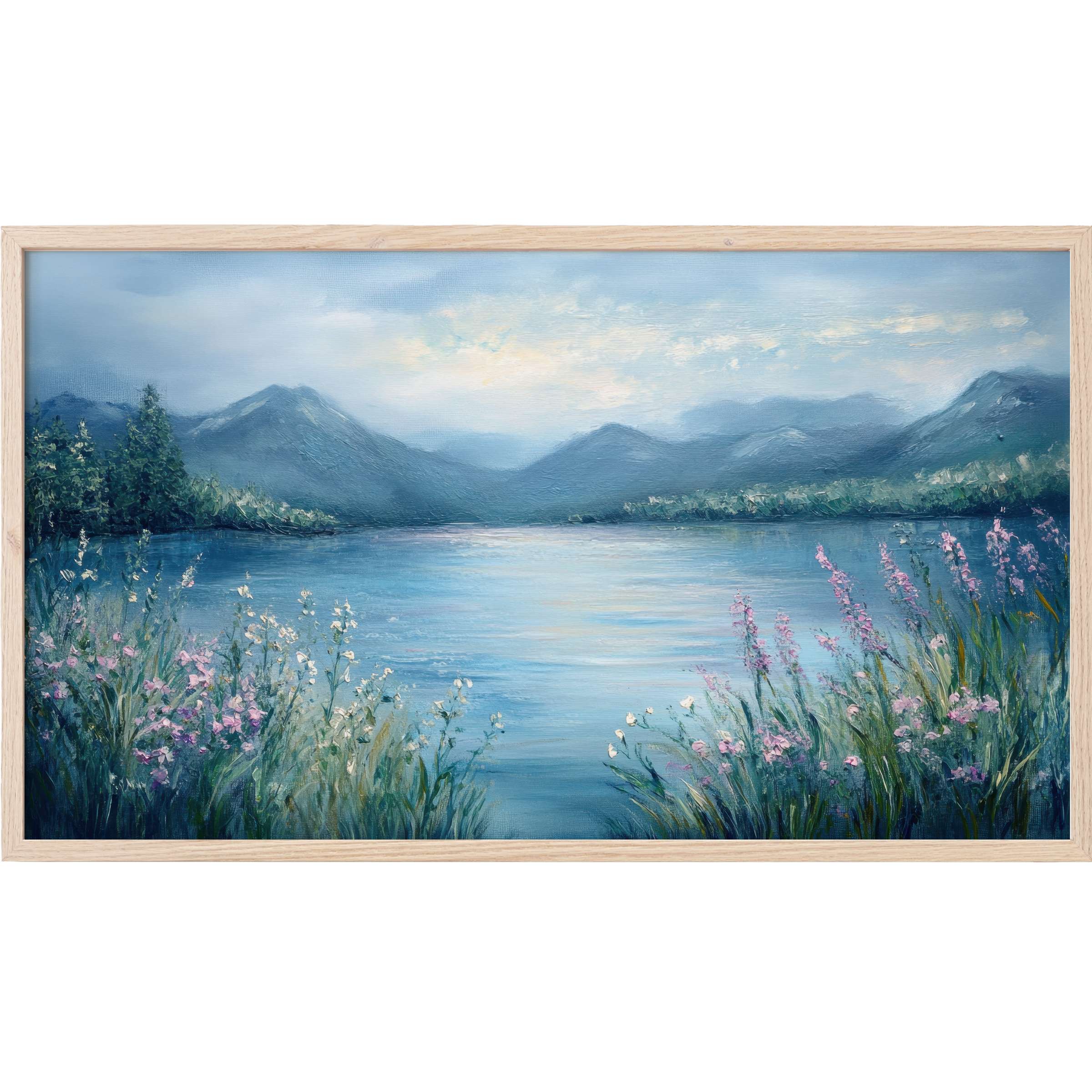 Tranquil lake with soft pink wildflowers, misty blue mountains, and pastel sky in summer Frame TV Art