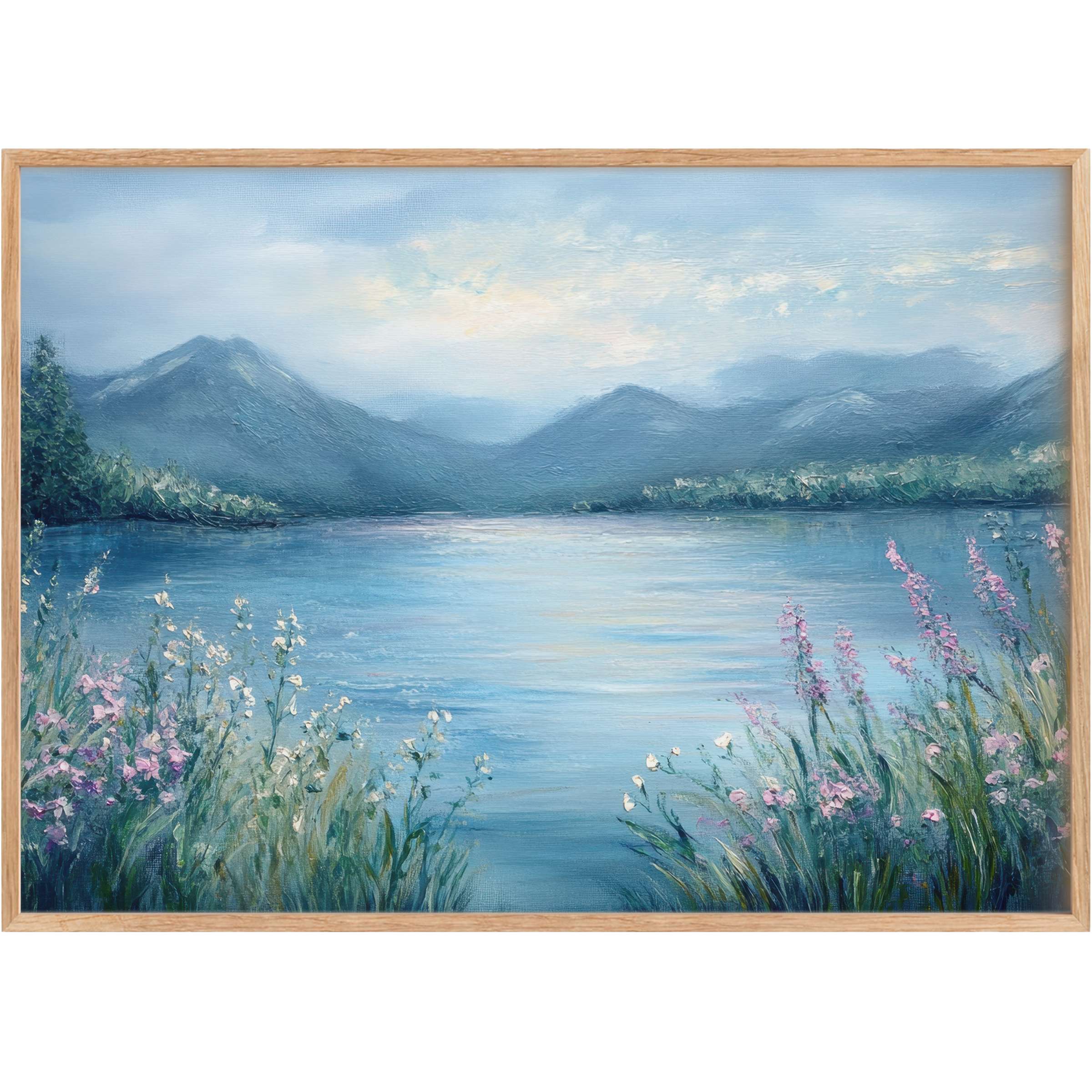 Tranquil summer printable wall art capturing serene blue waters and soft lavender blooms, evoking peaceful, elegant calm