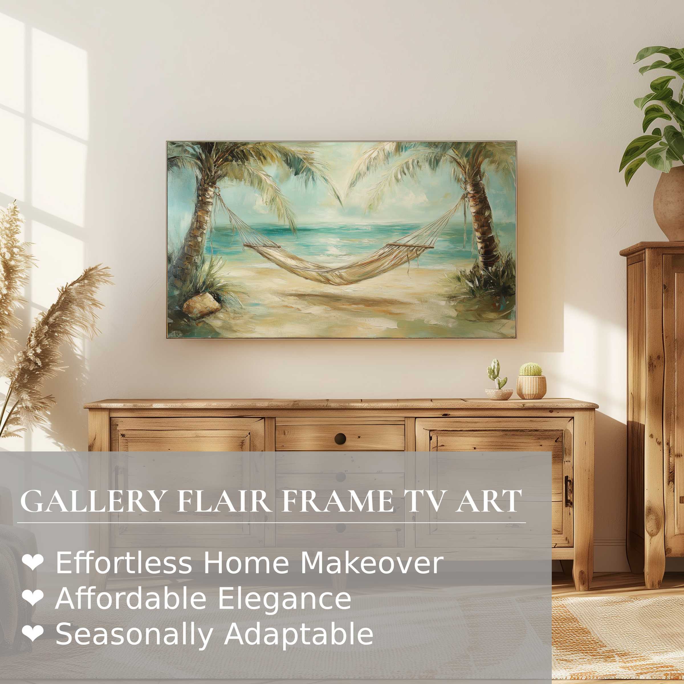Samsung Frame TV displaying serene coastal digital artwork, blending natural textures with refined modern elegance