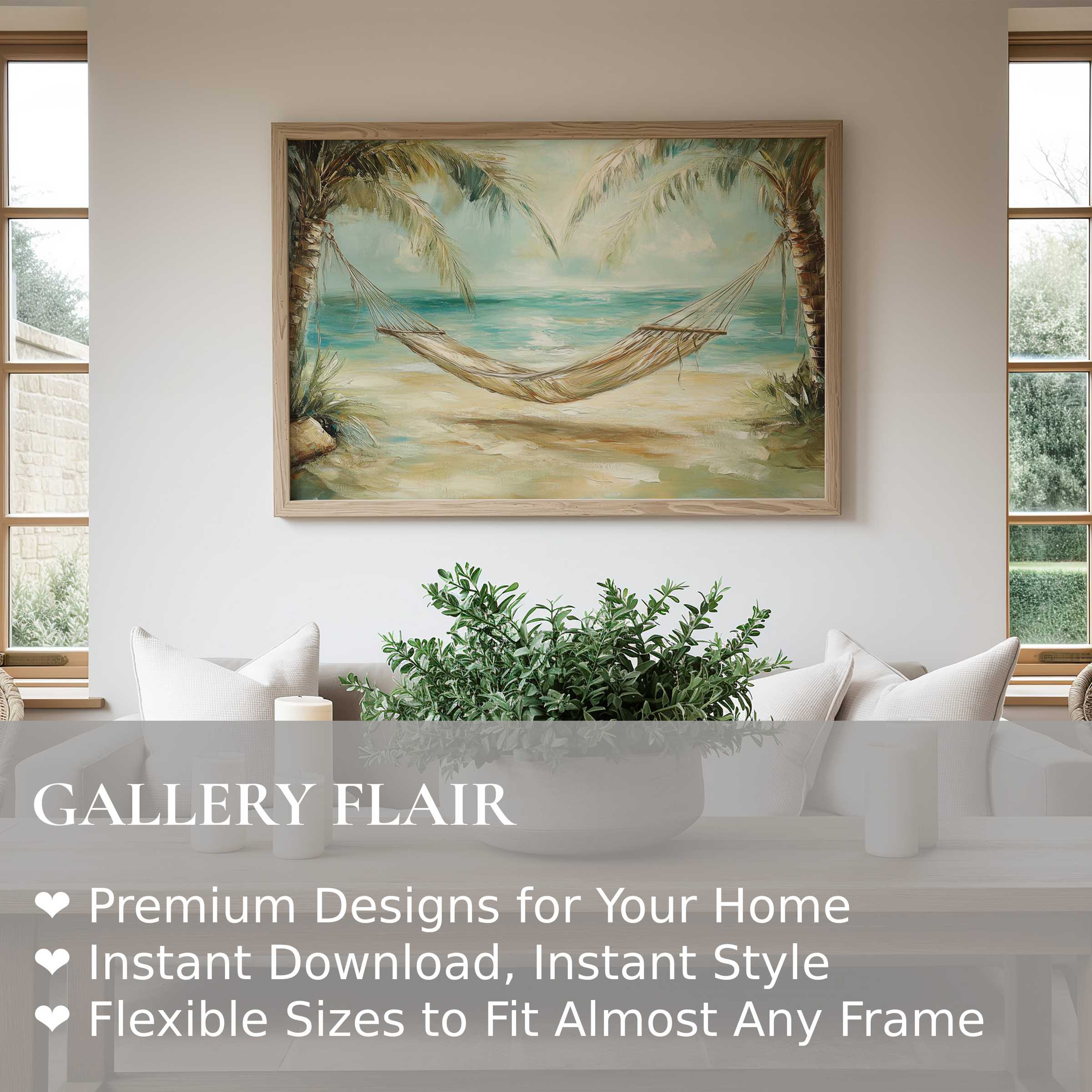 Coastal wall art print featuring a serene hammock between palm trees, evoking calming beach vibes in a modern, airy living space