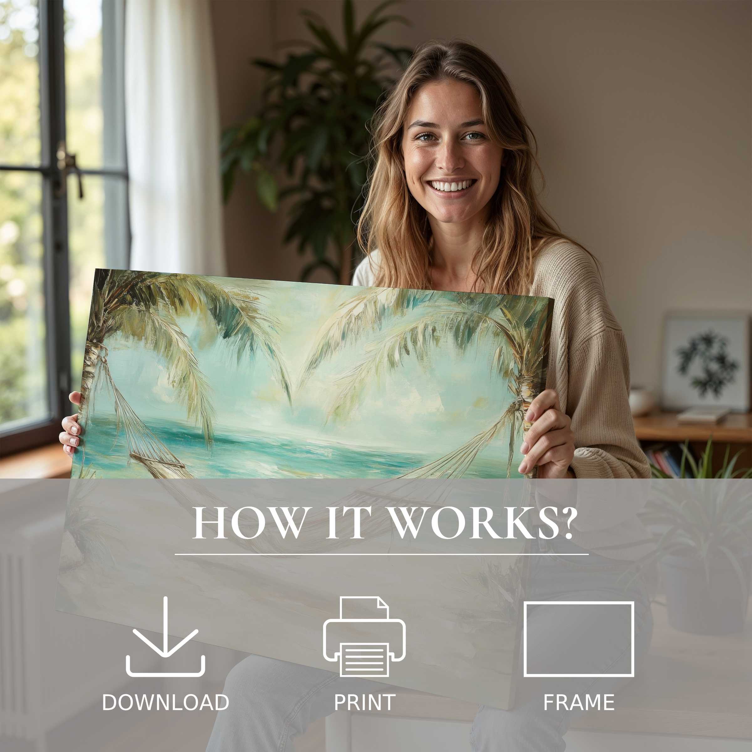 Coastal digital art print embraced in a sunlit modern home, evoking serene joy and effortless, inspired living