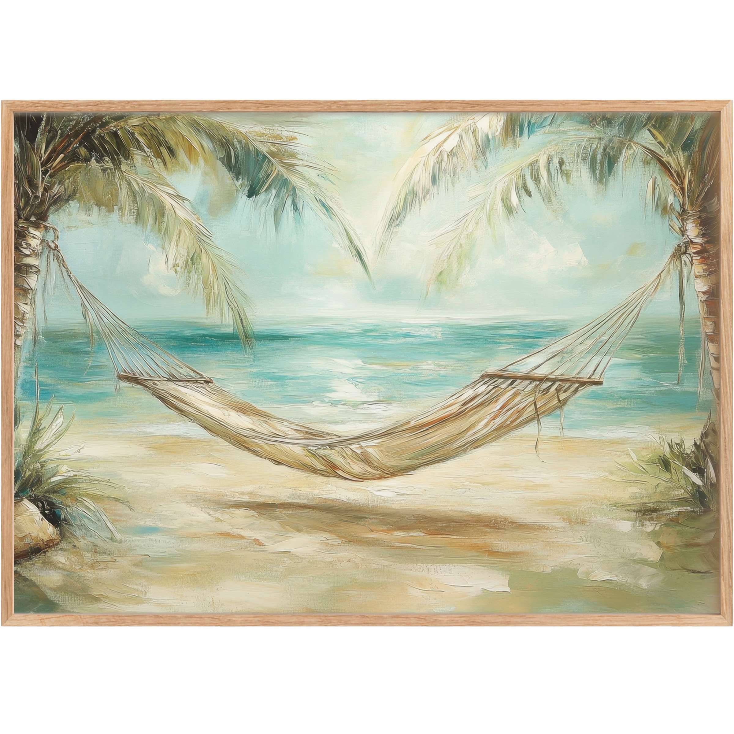 Coastal printable wall art featuring a serene hammock between palm trees, evoking calming aqua and sandy hues for tranquil, stylish interiors