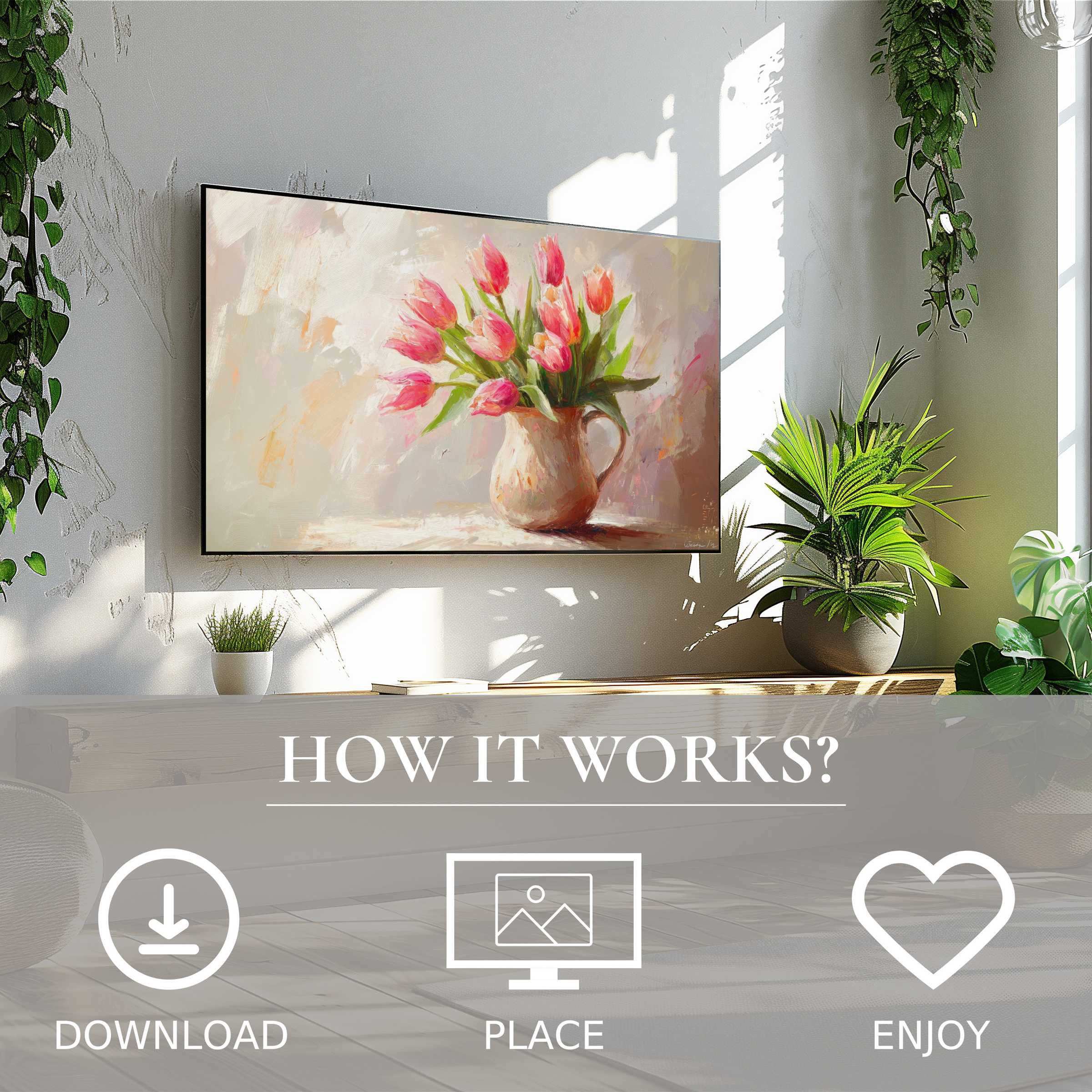 Modern living room with easter art for Samsung TV showing soft pink tulips in muted pastels; digital download, easy decor upgrade