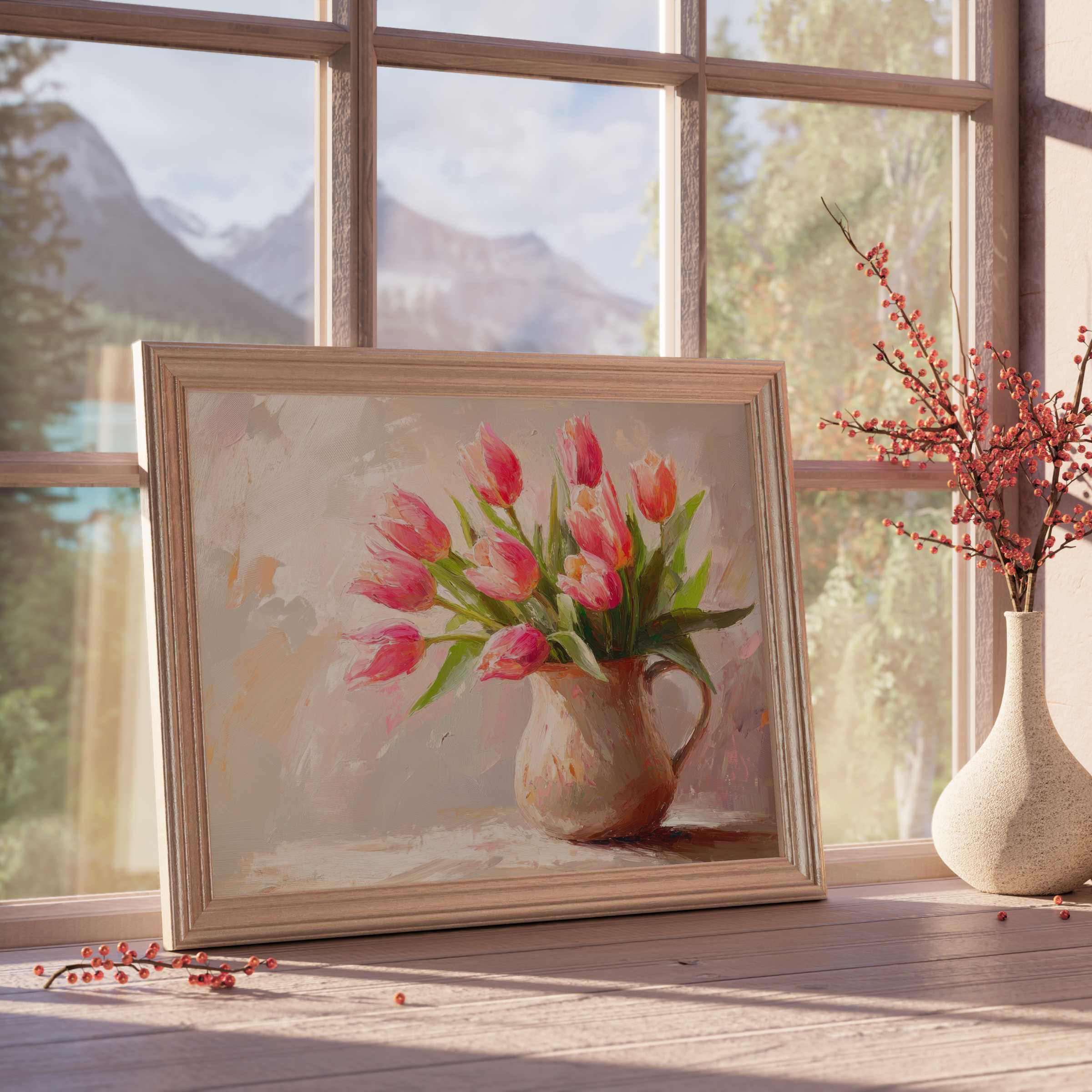Elegant Easter downloadable art featuring vibrant tulips in a rustic pitcher, elevating tranquil, design-forward living spaces with soft natural light