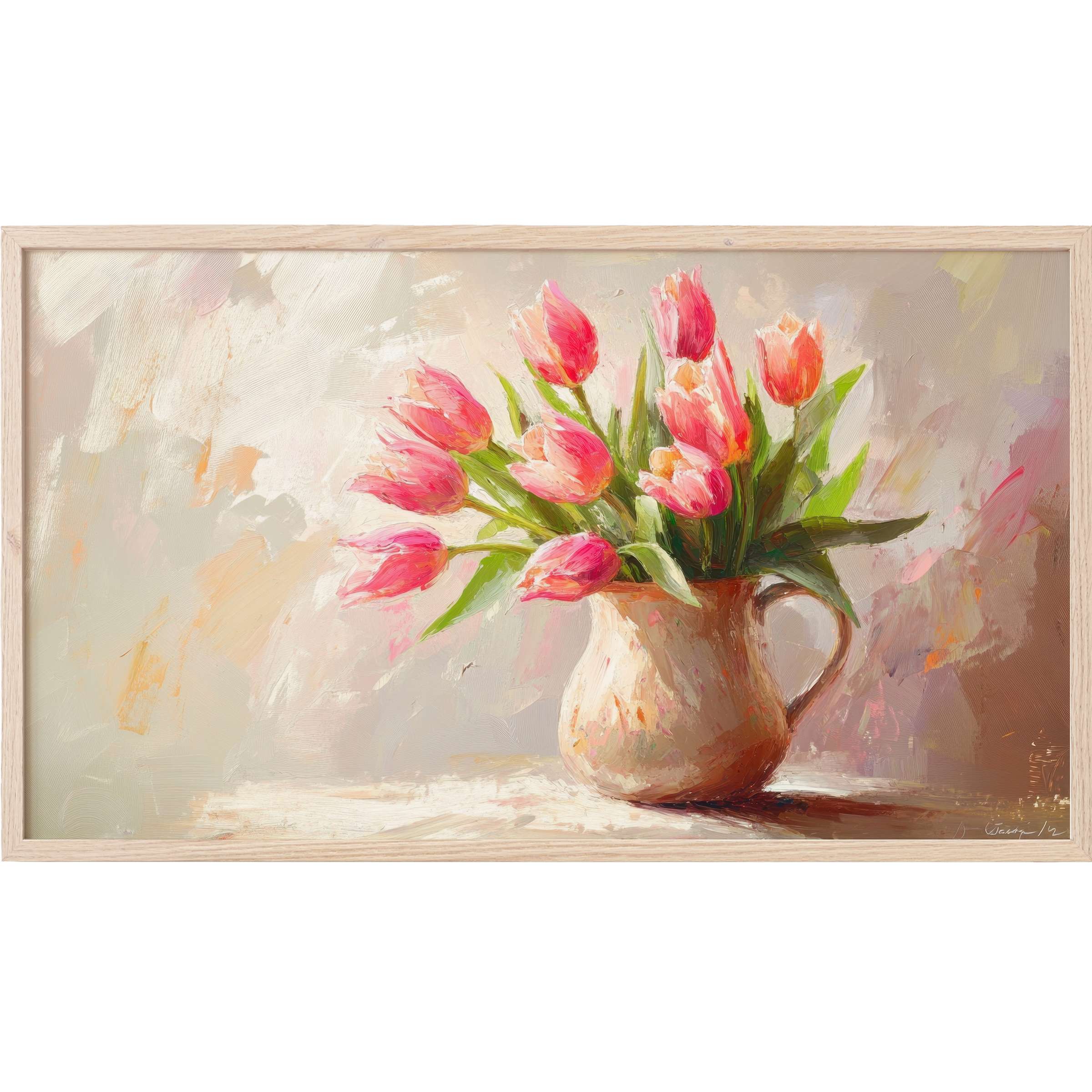 Elegant oil painting of pink tulips in a rustic jug with soft beige and pastel background, easter Frame TV Art