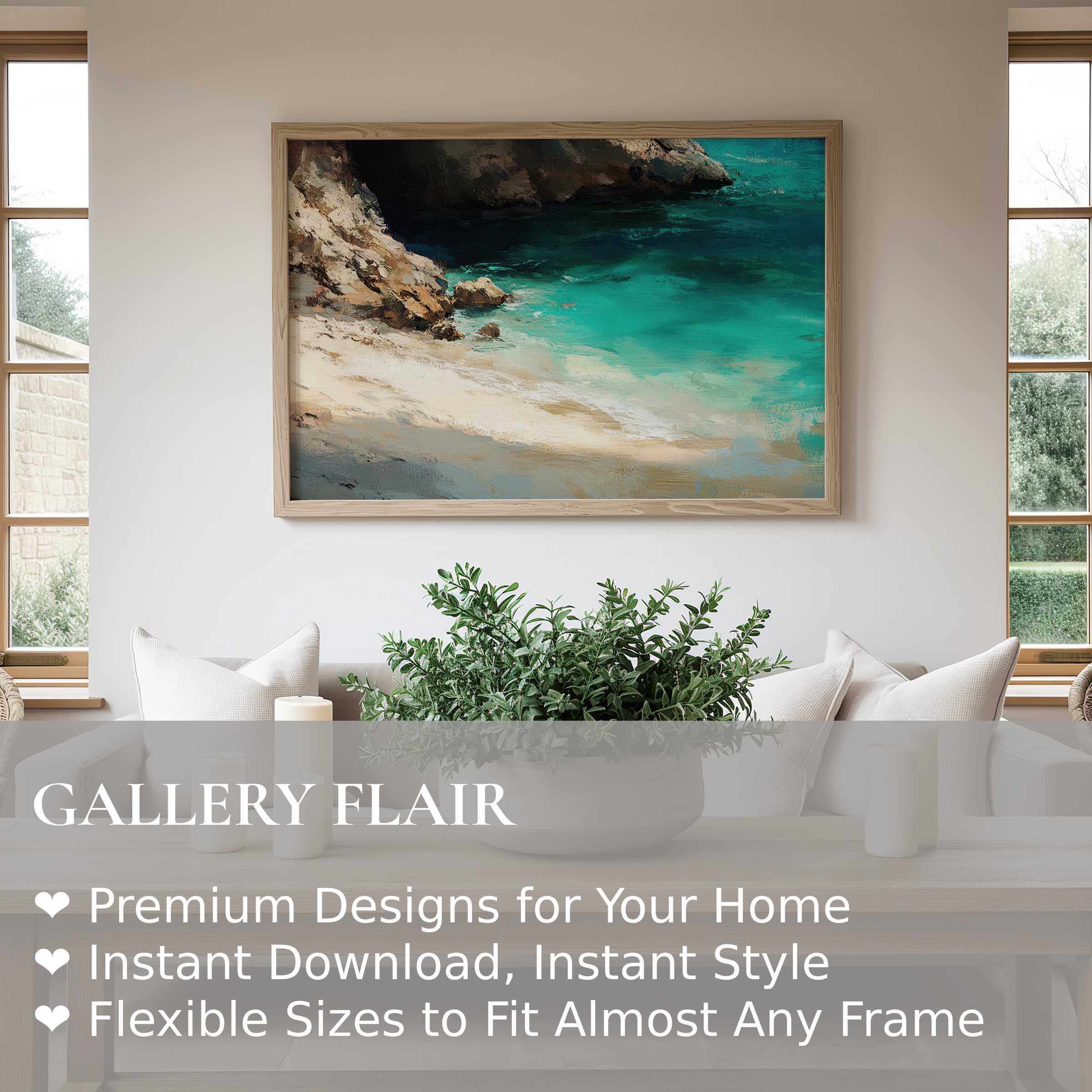 Beach wall art print depicting a radiant turquoise shore and rocky coast, enhancing modern minimalist interiors with serene coastal elegance