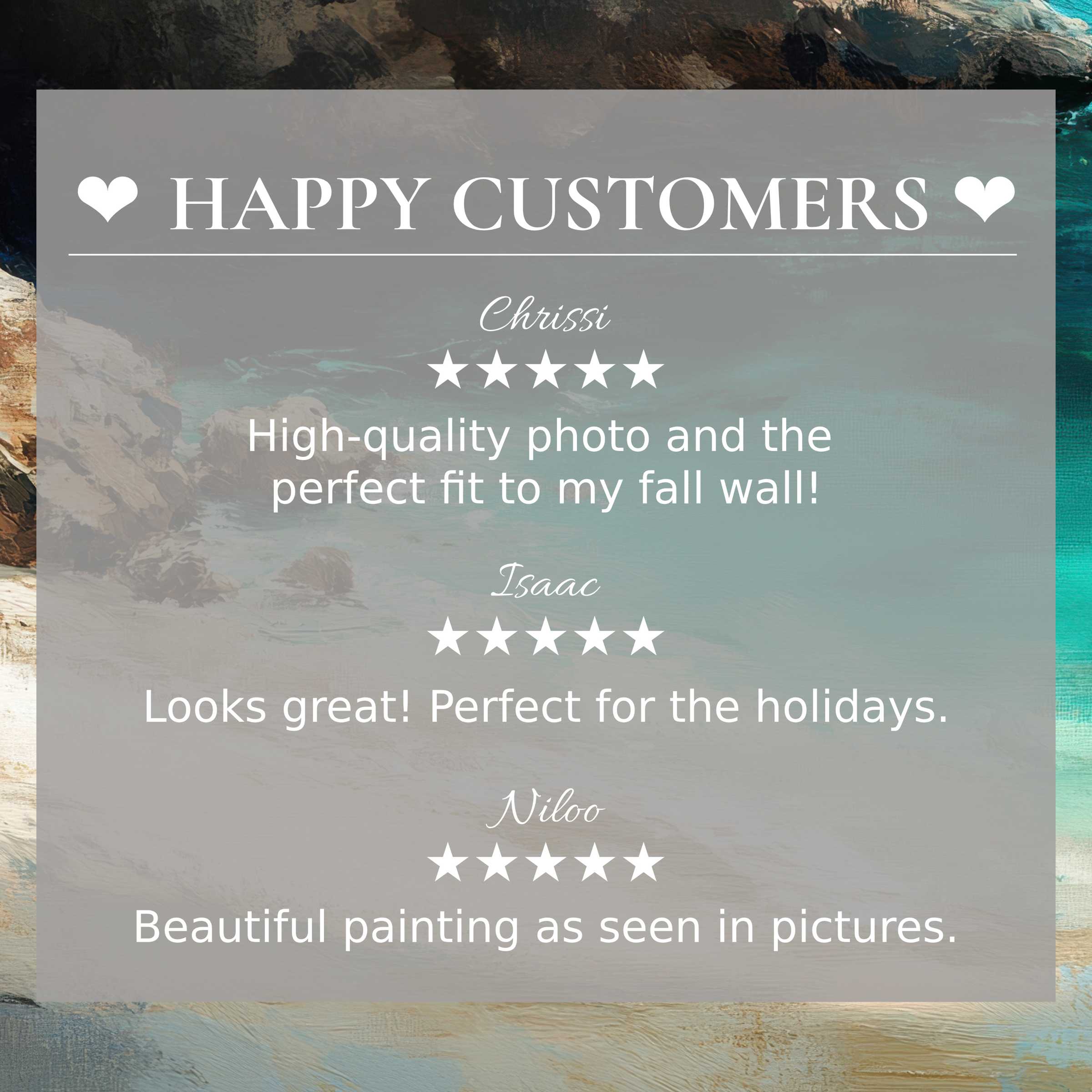Beach art for Frame TV with abstract coastal hues, showcasing happy customer reviews and elegant, trustworthy design