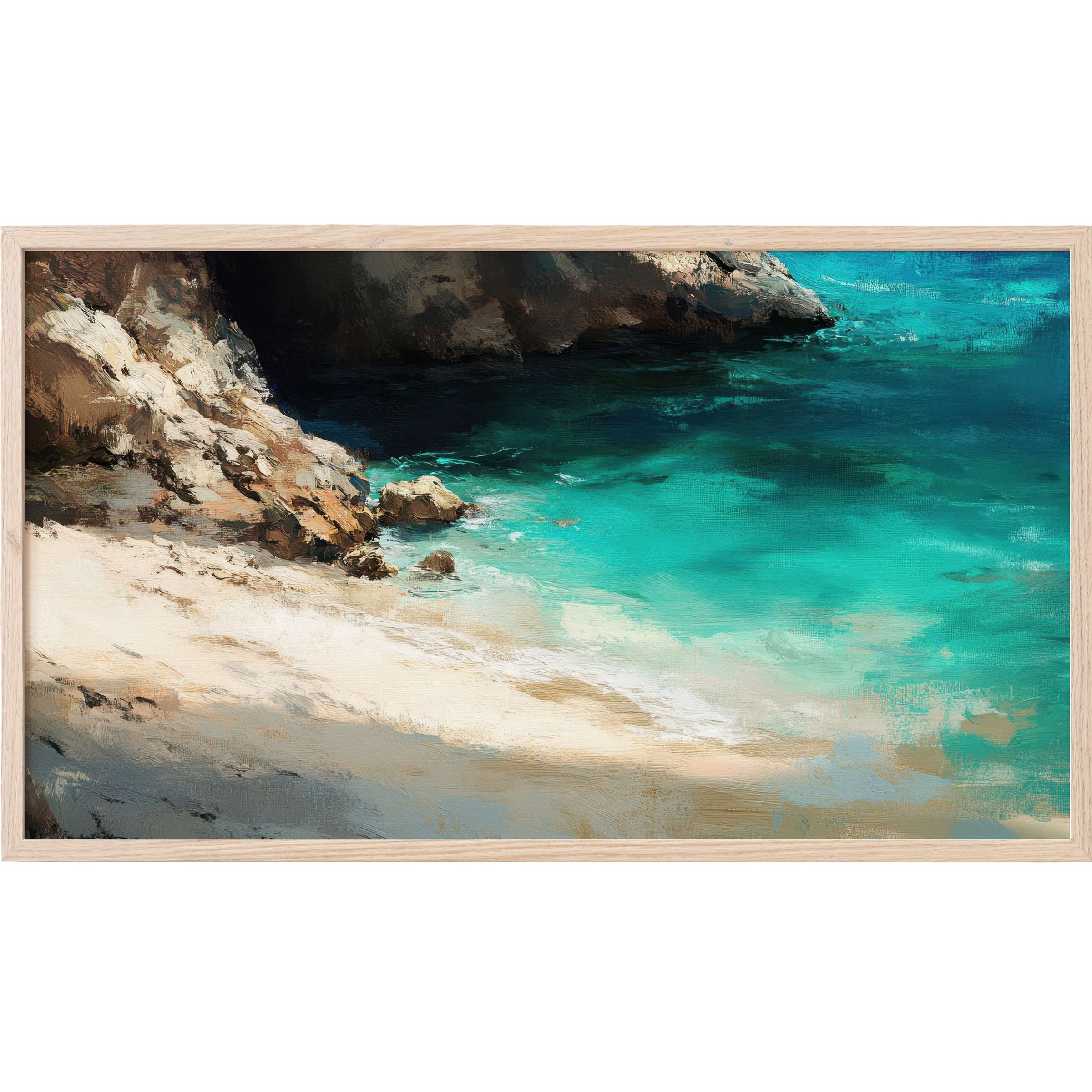 Serene coastal scene in rich turquoise and earth tones, textured brushstrokes define this elegant beach Frame TV Art