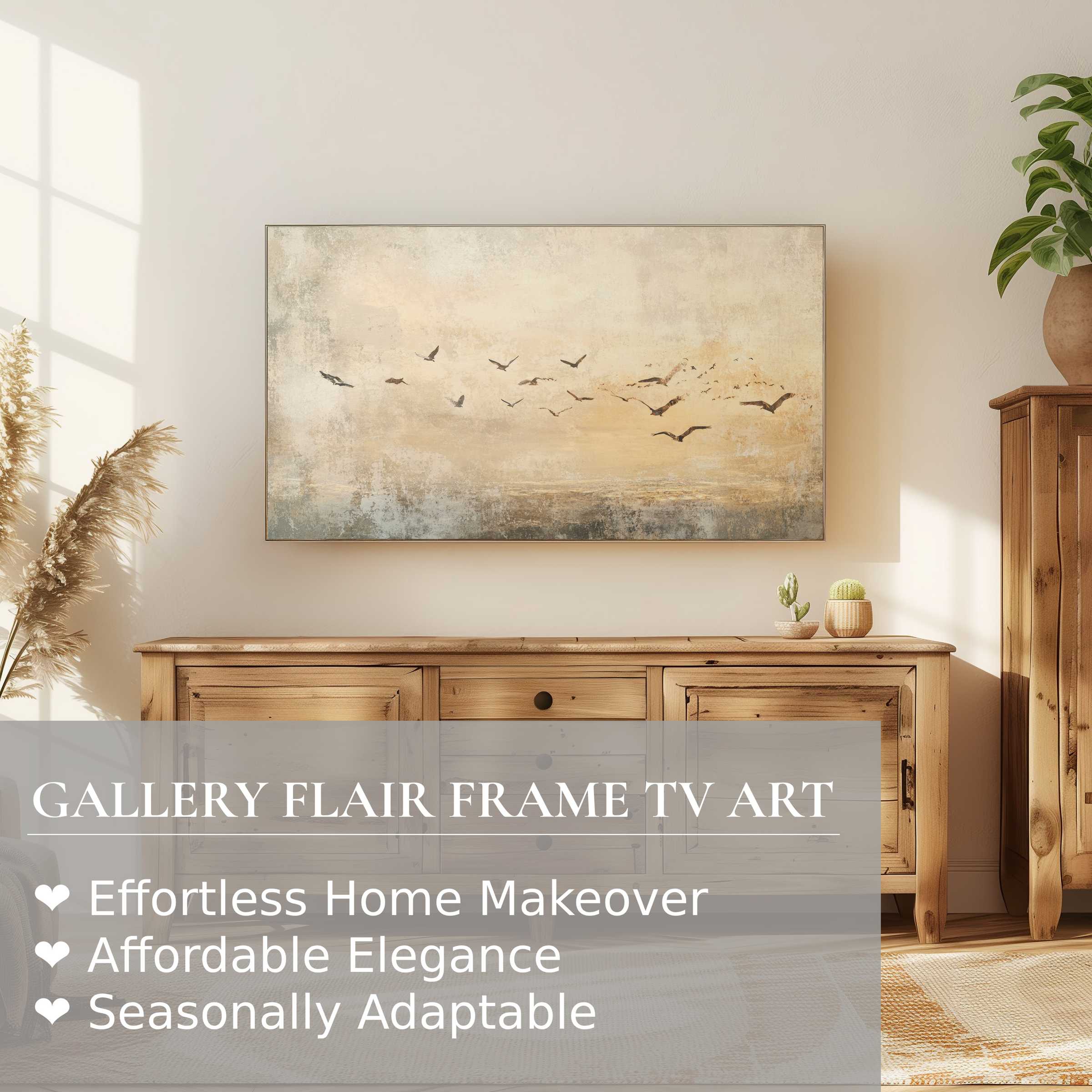 Samsung Frame TV showcases vintage digital artwork of flying birds, blending serene nature with elegant modern decor