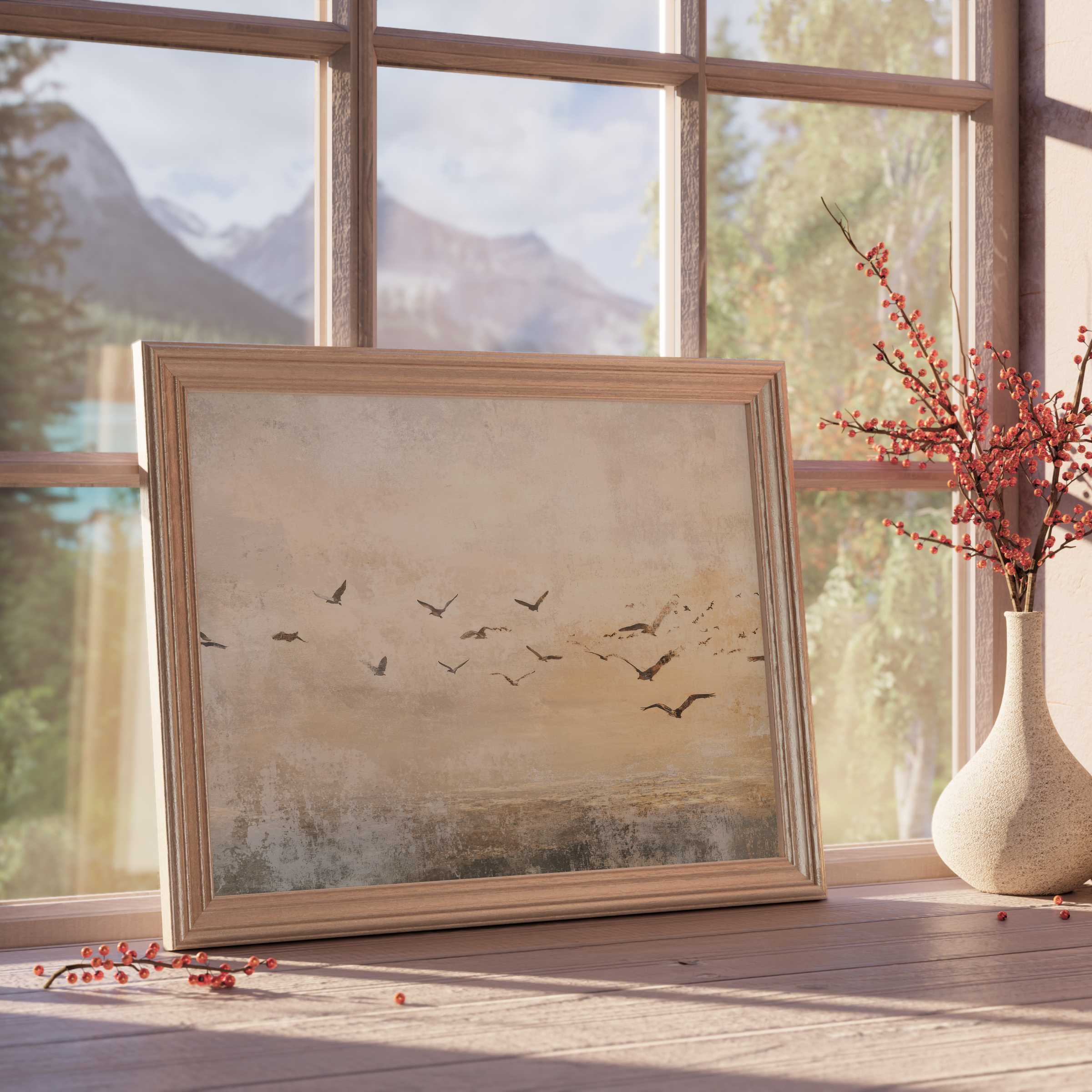 Vintage downloadable art depicting a serene flock of birds in warm neutrals, elevating tranquil, curated living spaces
