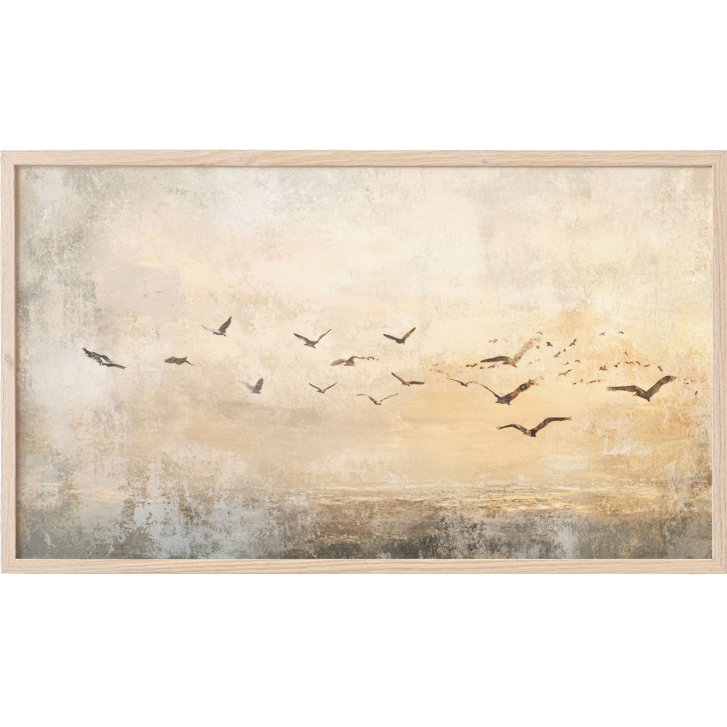 Serene muted tones with birds in flight, textured soft beige and gray hues in vintage Frame TV Art style