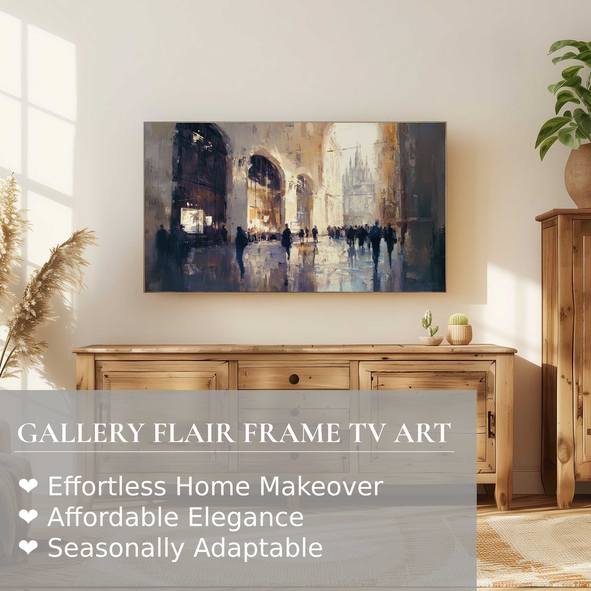 Samsung Frame TV displaying urban digital artwork with moody tones in a stylish, sunlit modern living space