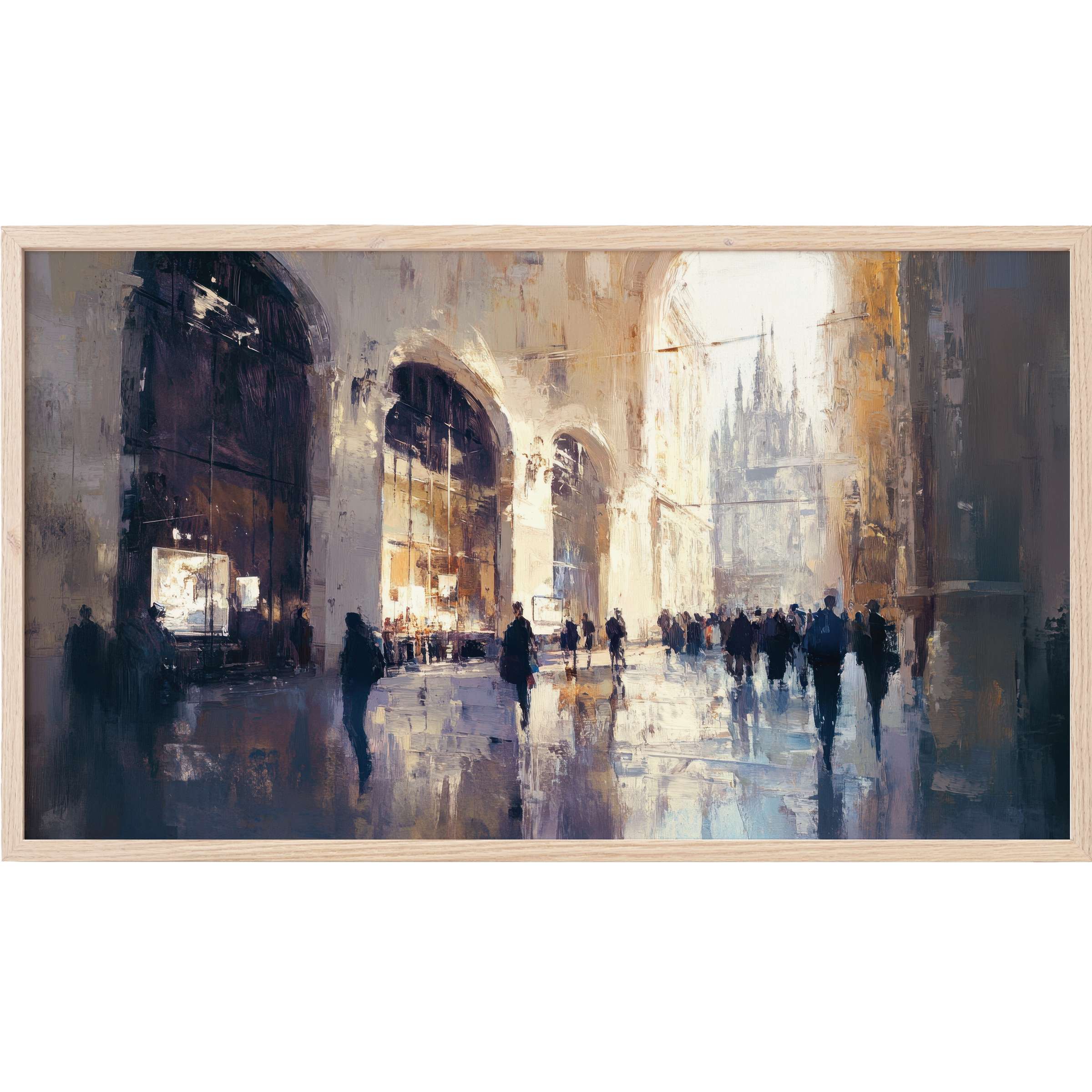 Urban Frame TV Art depicting a luminous cityscape with soft neutrals and deep shadows in impressionist style
