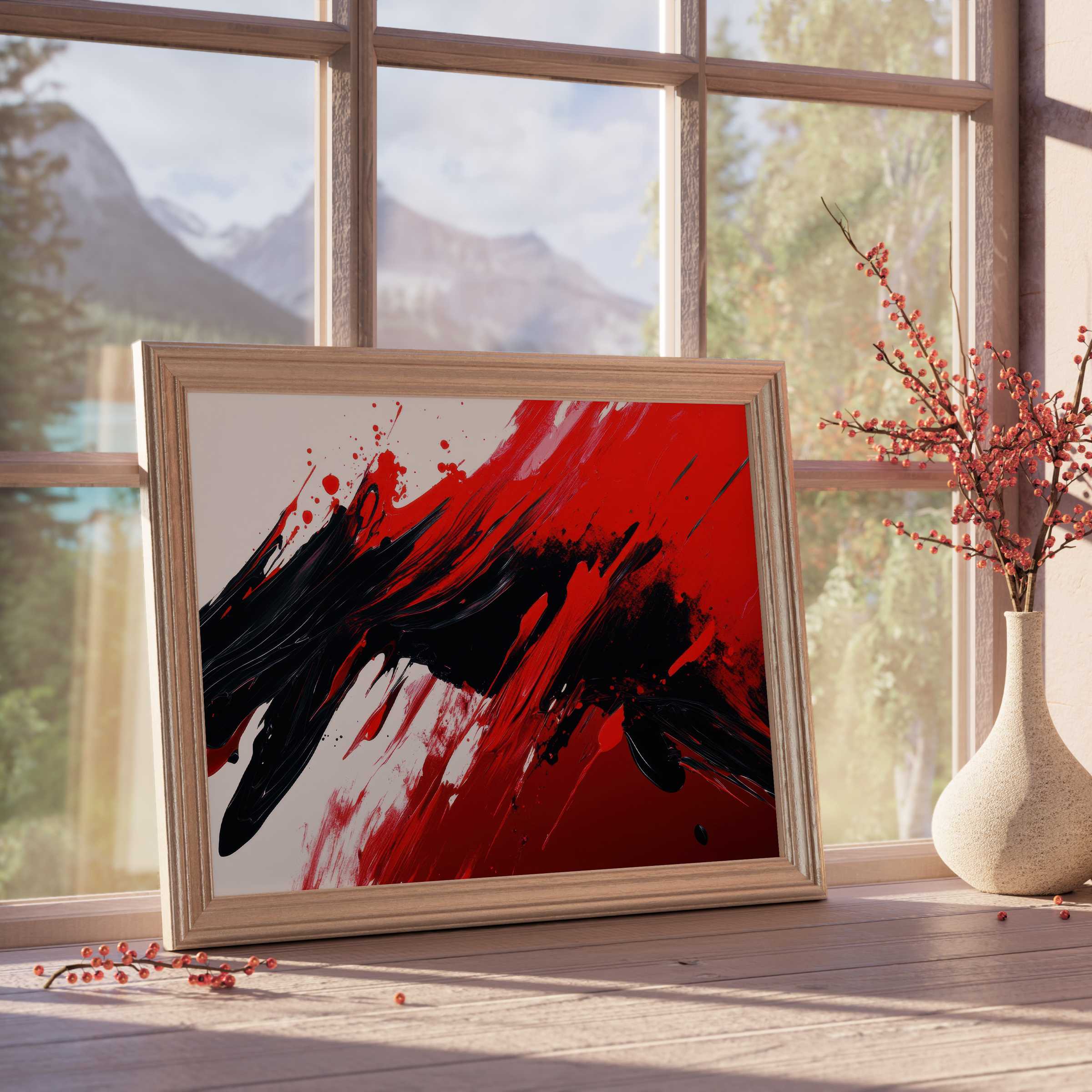 Abstract downloadable art in bold red and black brushstrokes, elevating sophisticated interiors with vibrant, dynamic energy and modern elegance