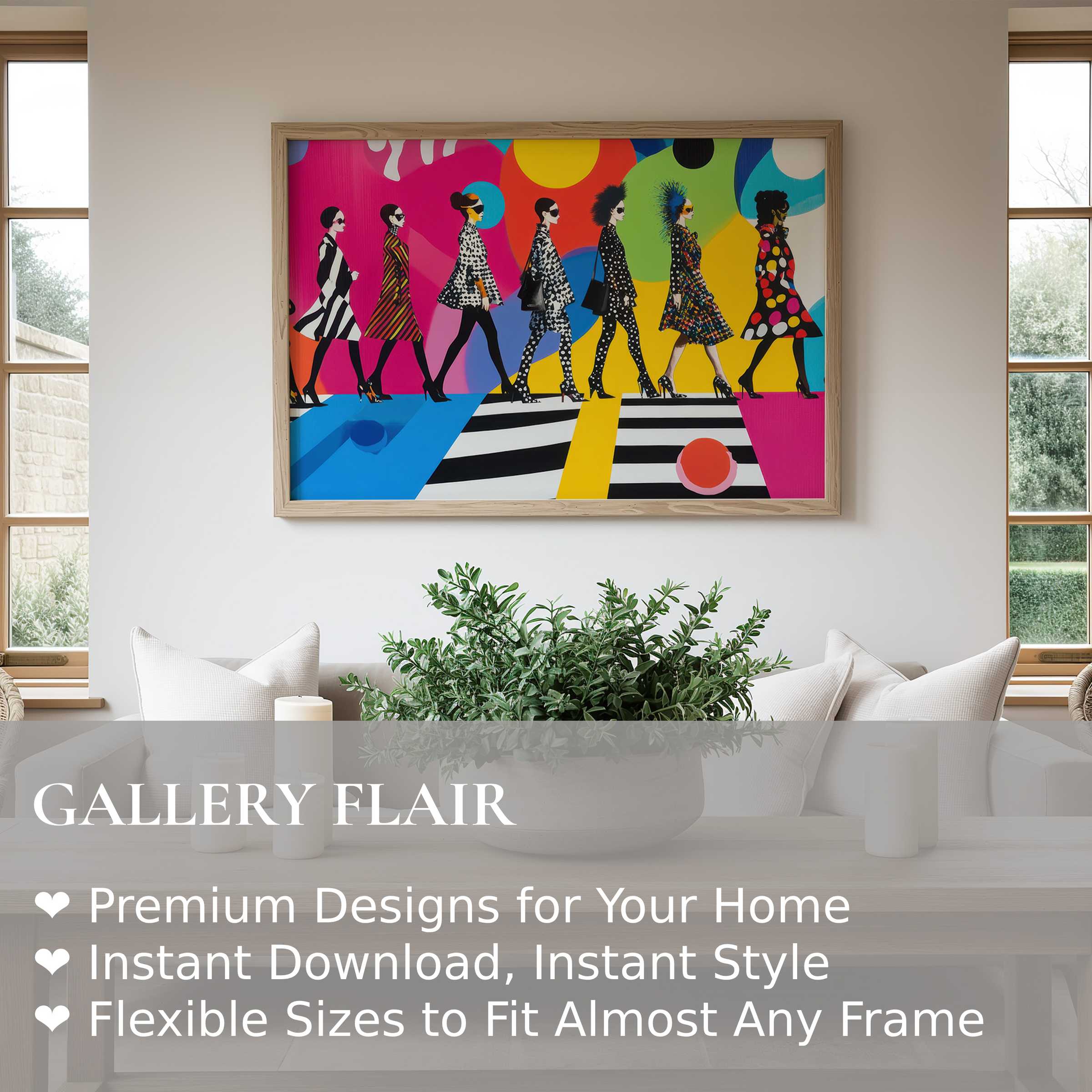 Vibrant pop art wall art print featuring bold silhouetted figures in dynamic patterns; electrifies modern minimalist interiors with playful color and energy