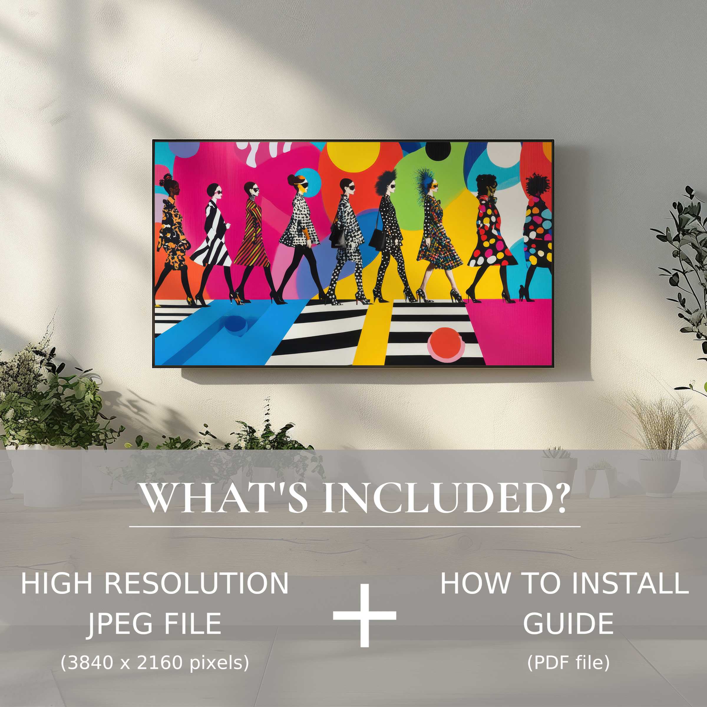 Chic living space with pop art digital TV art download; easy digital use elevates your stylish home decor effortlessly
