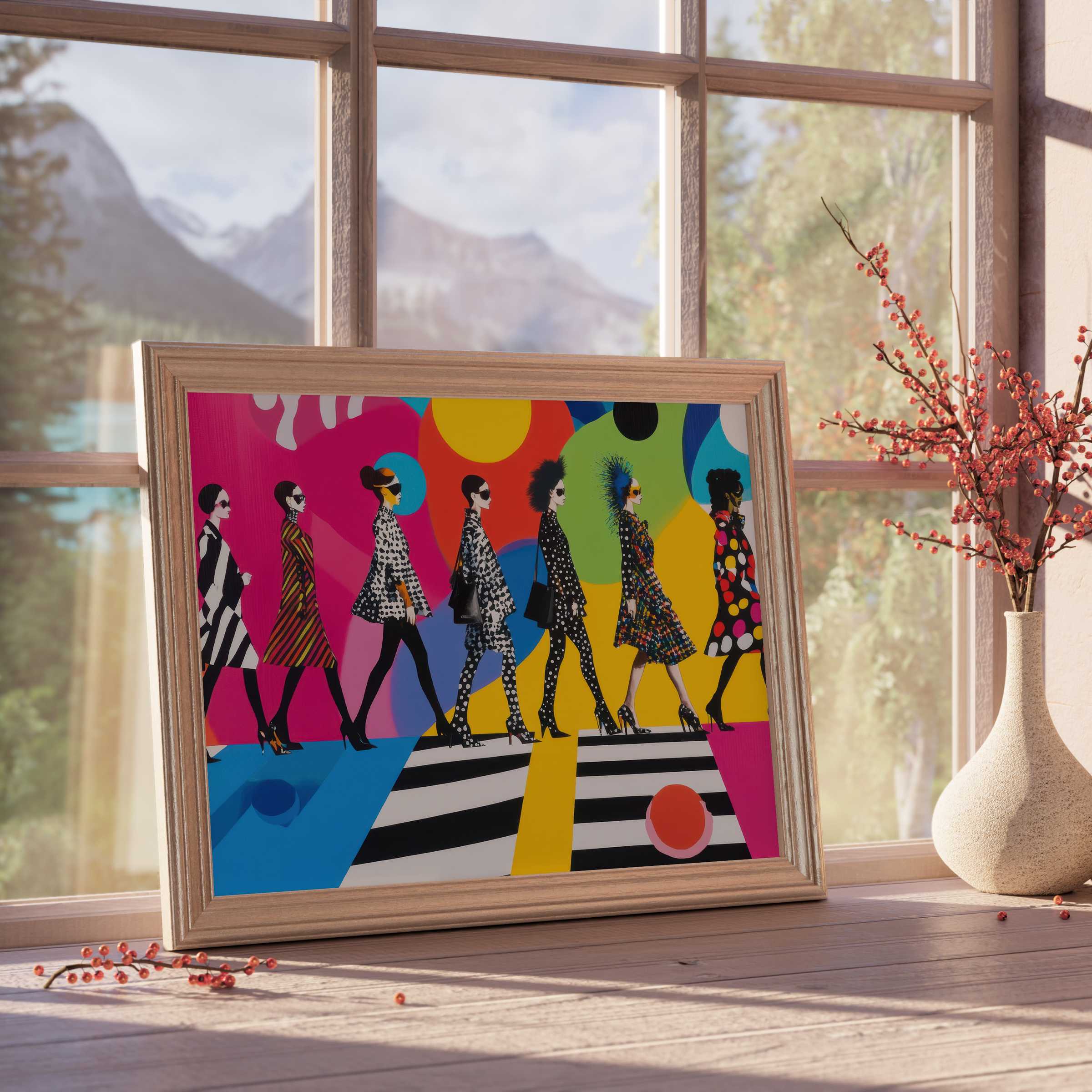 Vibrant pop art downloadable art featuring chic silhouettes in bold patterns, elevating curated modern interiors with dynamic color and style