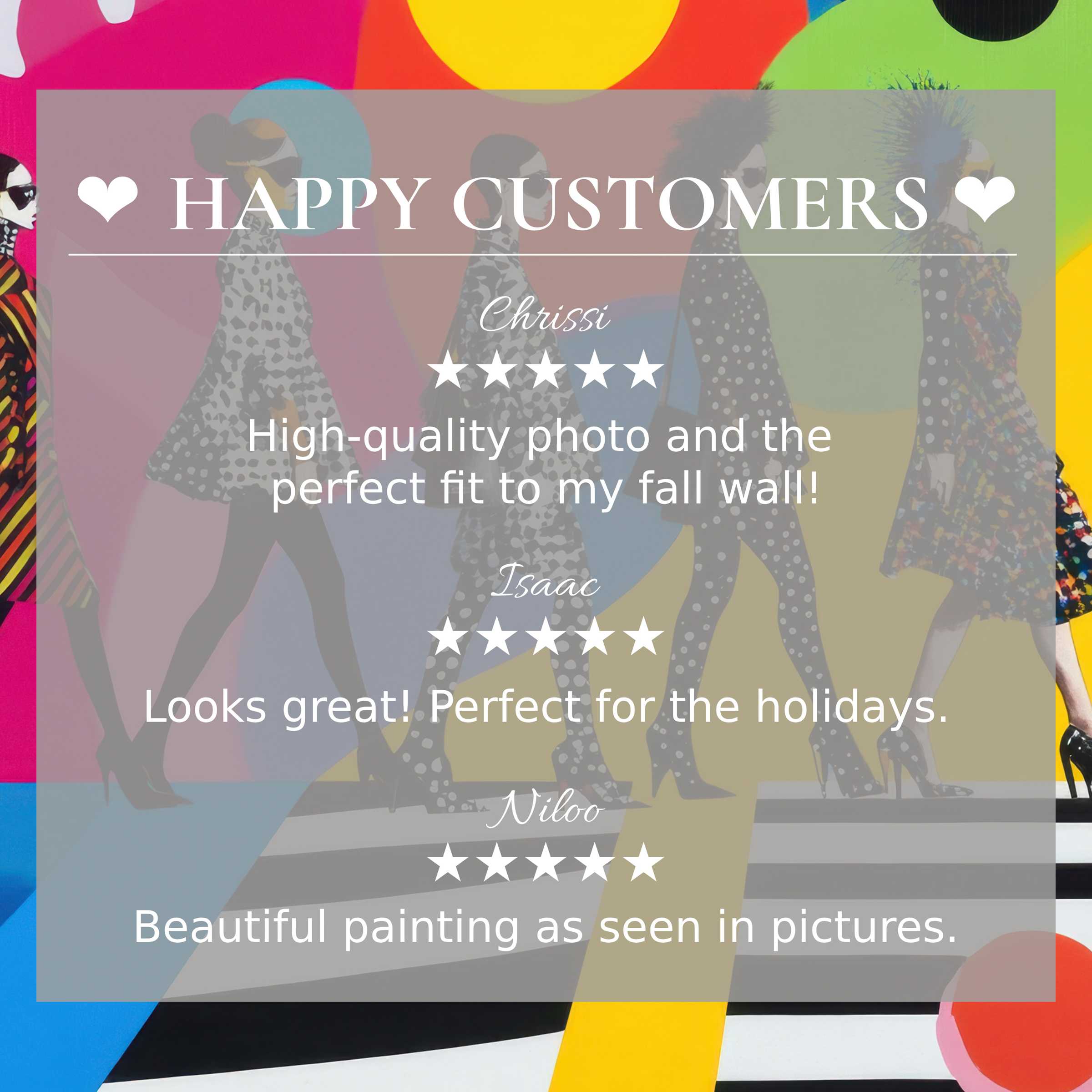 Pop art for Frame TV with vibrant bubbles and silhouettes; happy customer reviews build trust and highlight elegance