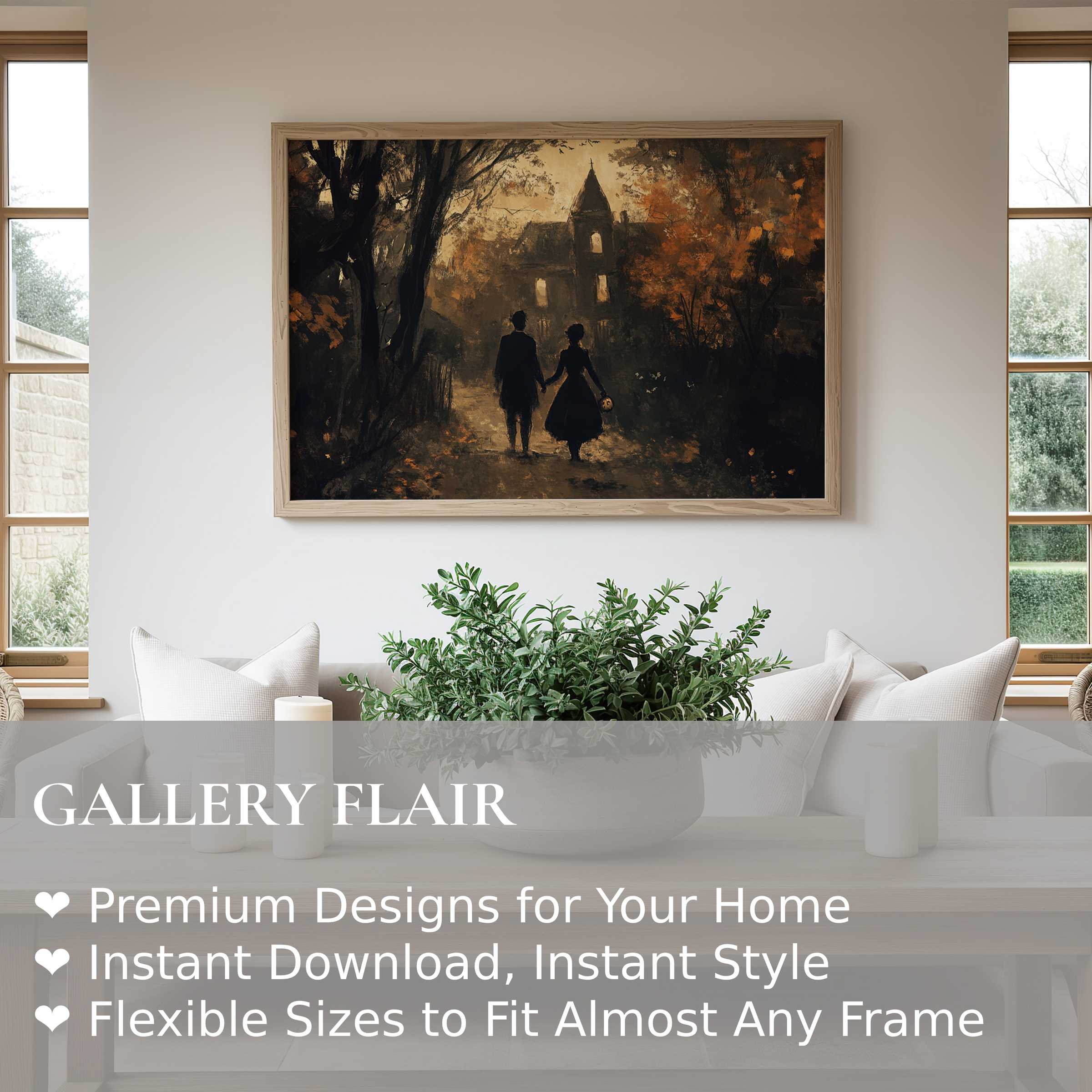 Halloween wall art print capturing a haunting autumn evening with silhouetted figures beside a spooky mansion, enriching modern rustic interiors with moody charm and evocative seasonal ambiance