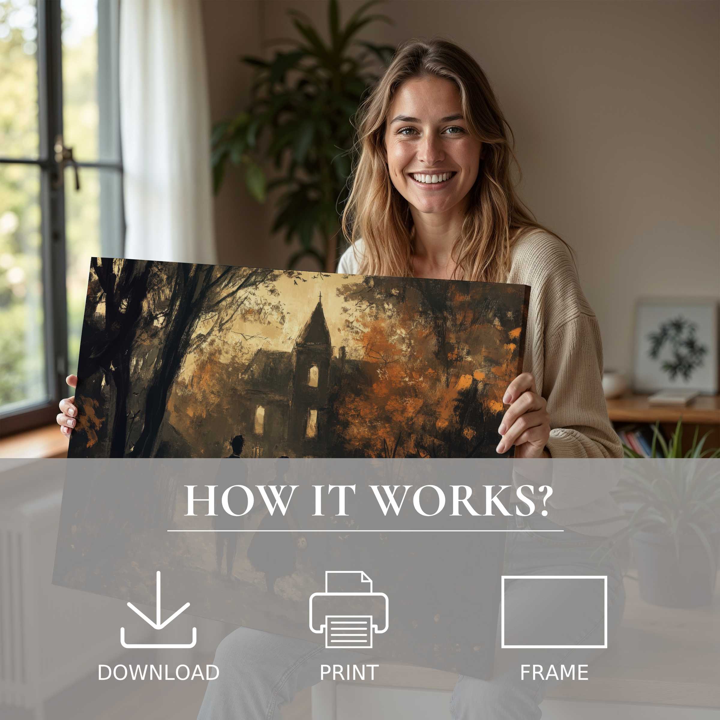 Refined woman embraces the warmth of a halloween digital art print, infusing her stylish home with serene autumnal charm