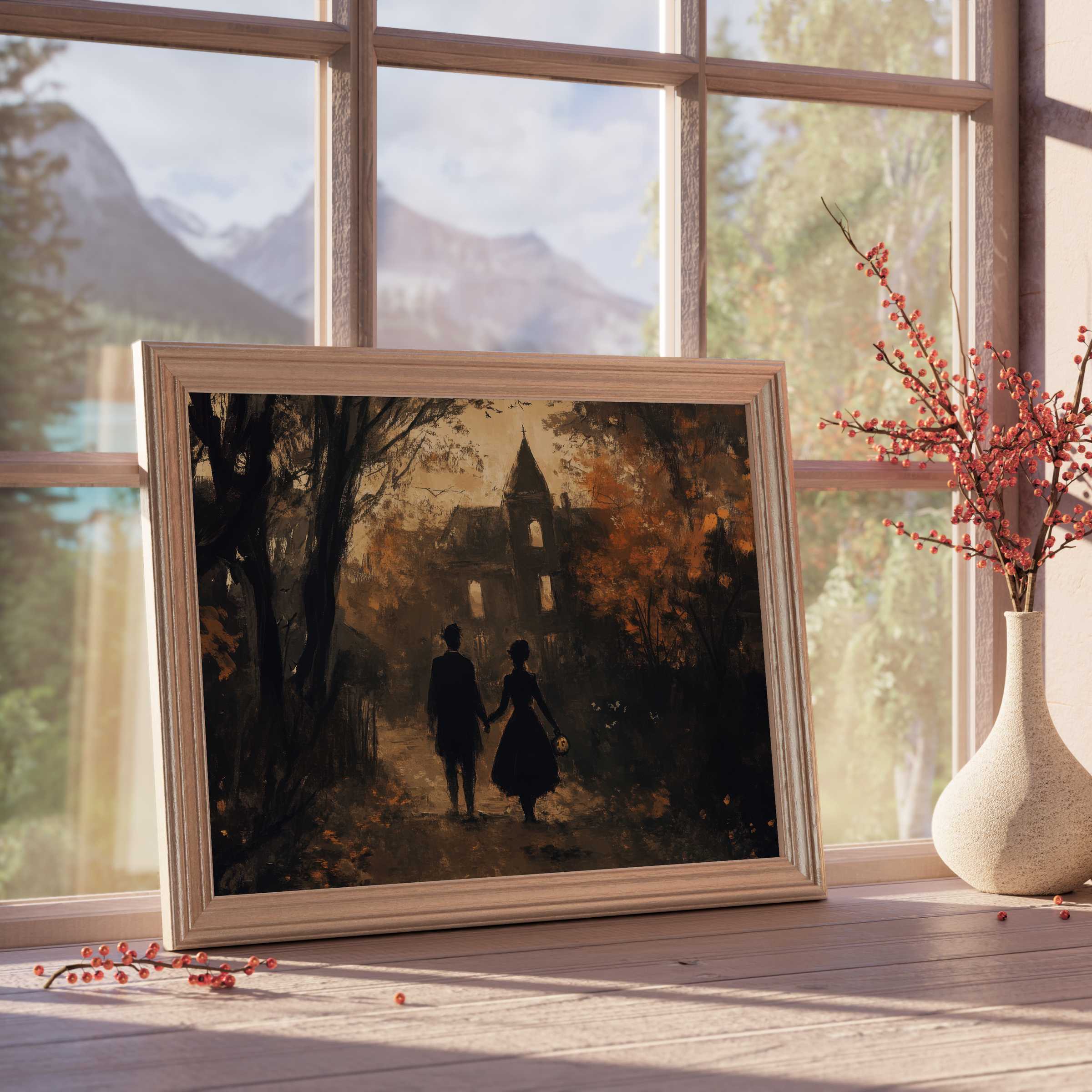 Hauntingly elegant Halloween downloadable art capturing a serene couple’s twilight stroll past a vintage mansion, infusing curated interiors with warm autumnal hues and timeless ambiance