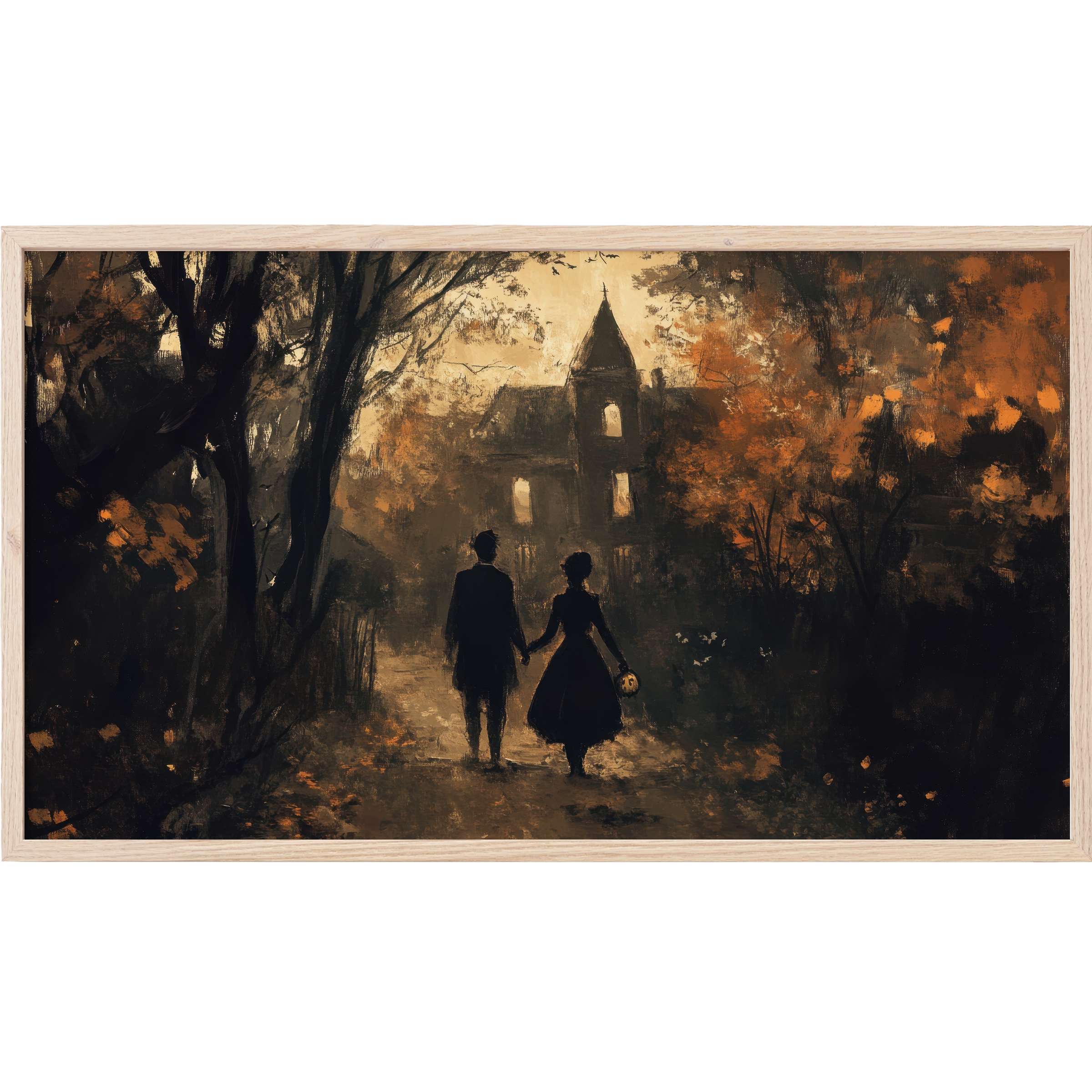Ethereal silhouette couple walks a shadowy path to an eerie mansion in warm autumn hues, halloween Frame TV Art