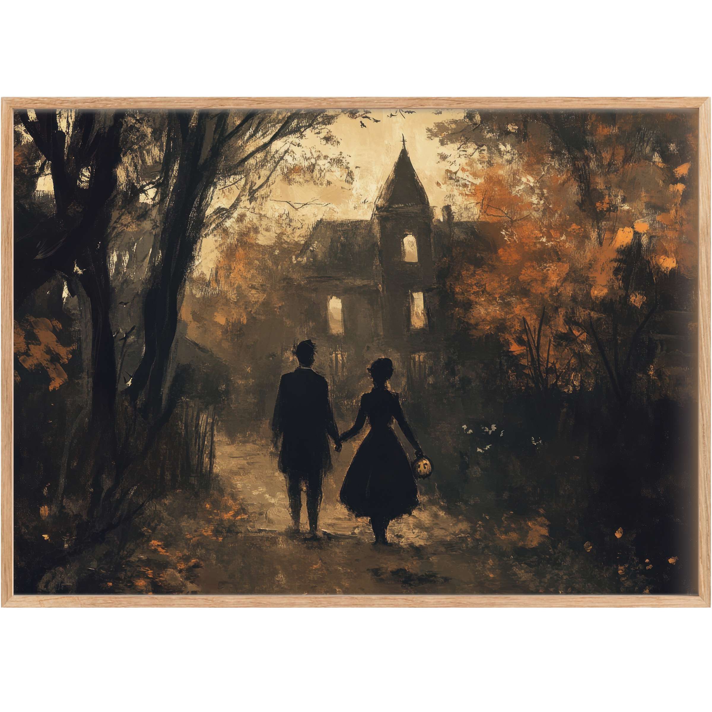 Enchanting Halloween printable wall art captures a twilight stroll to a haunted manor, bathed in deep amber and charcoal hues for a moody, mysterious ambiance