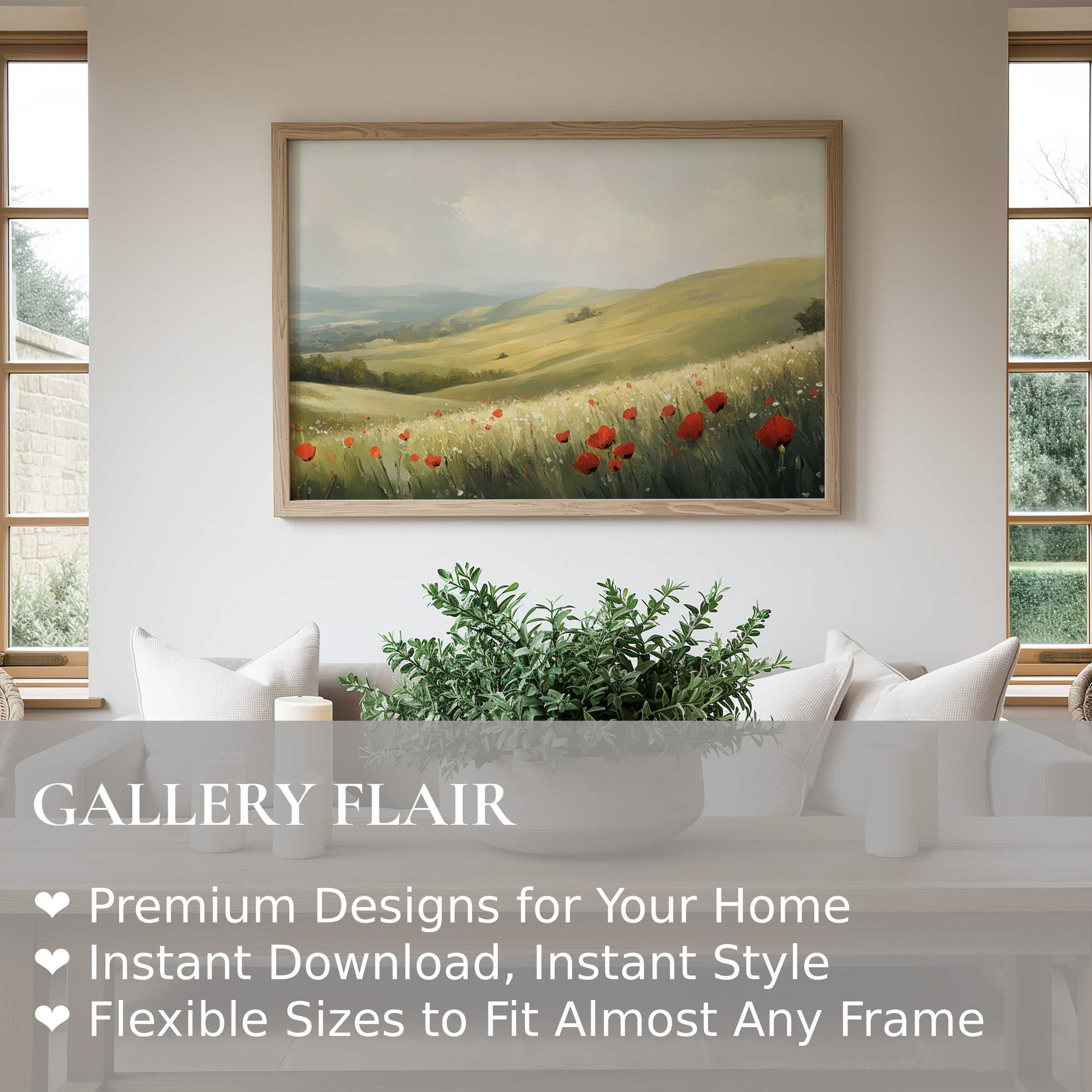 Spring wall art print of a serene poppy field with soft hills, enhancing modern minimalist interiors with calming, radiant nature elegance