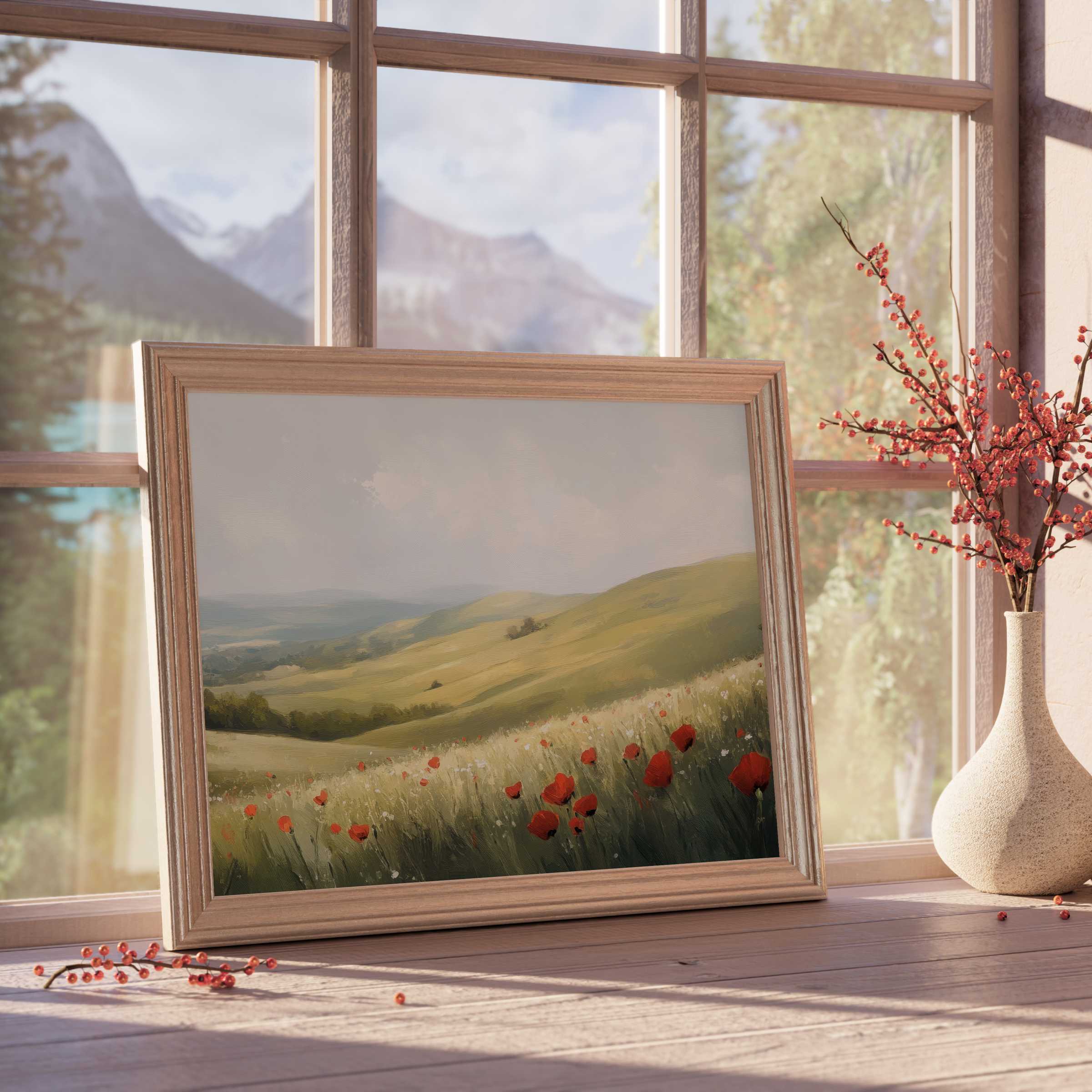 Tranquil spring downloadable art captures sunlit rolling hills and blooming poppies, elevating serene, curated interiors with timeless elegance